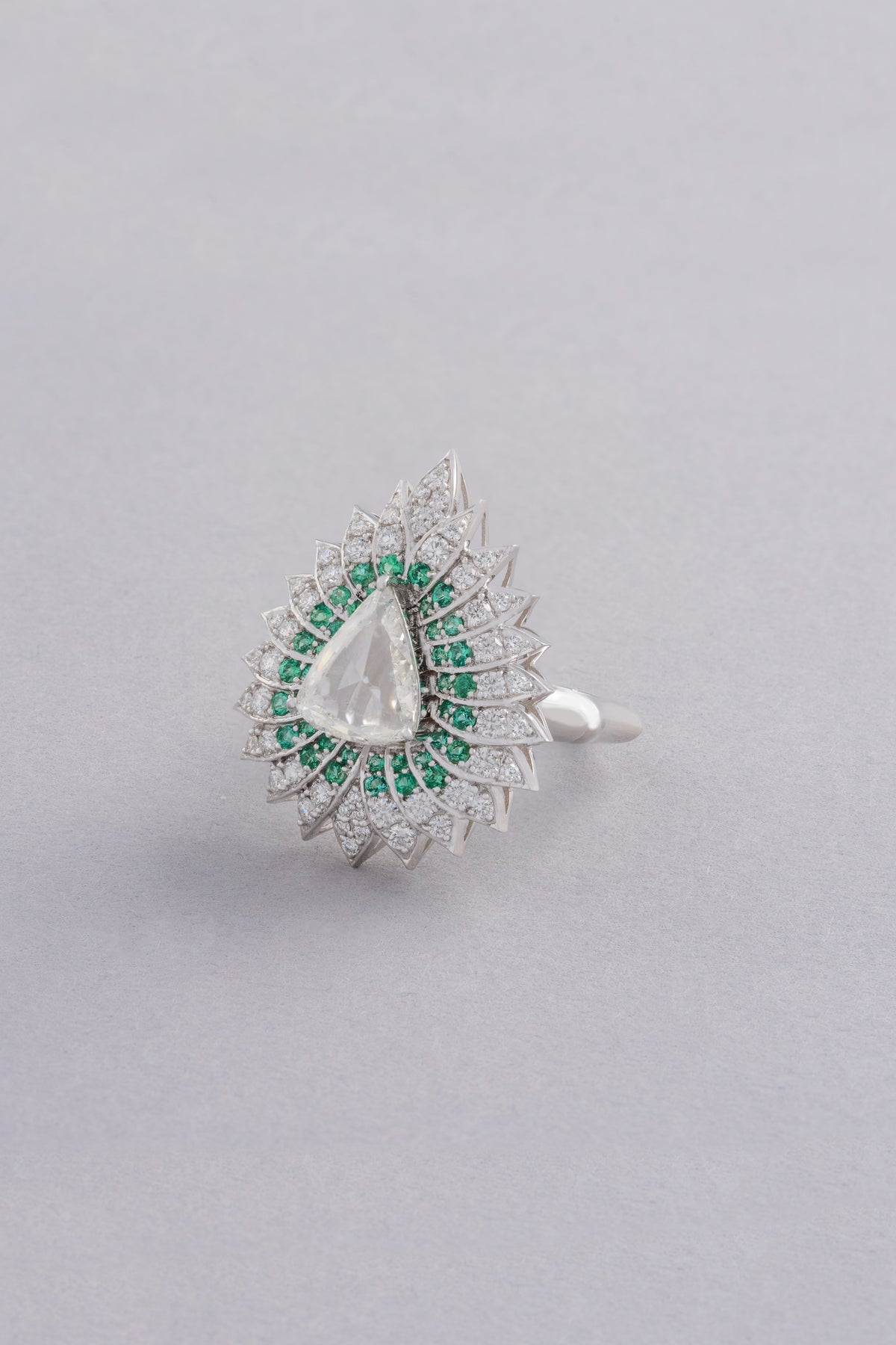 Lotus Ring, White Gold, Rose-cut Diamonds and Emeralds