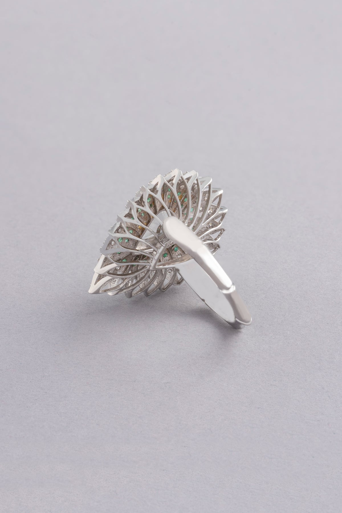 Lotus Ring, White Gold, Rose-cut Diamonds and Emeralds