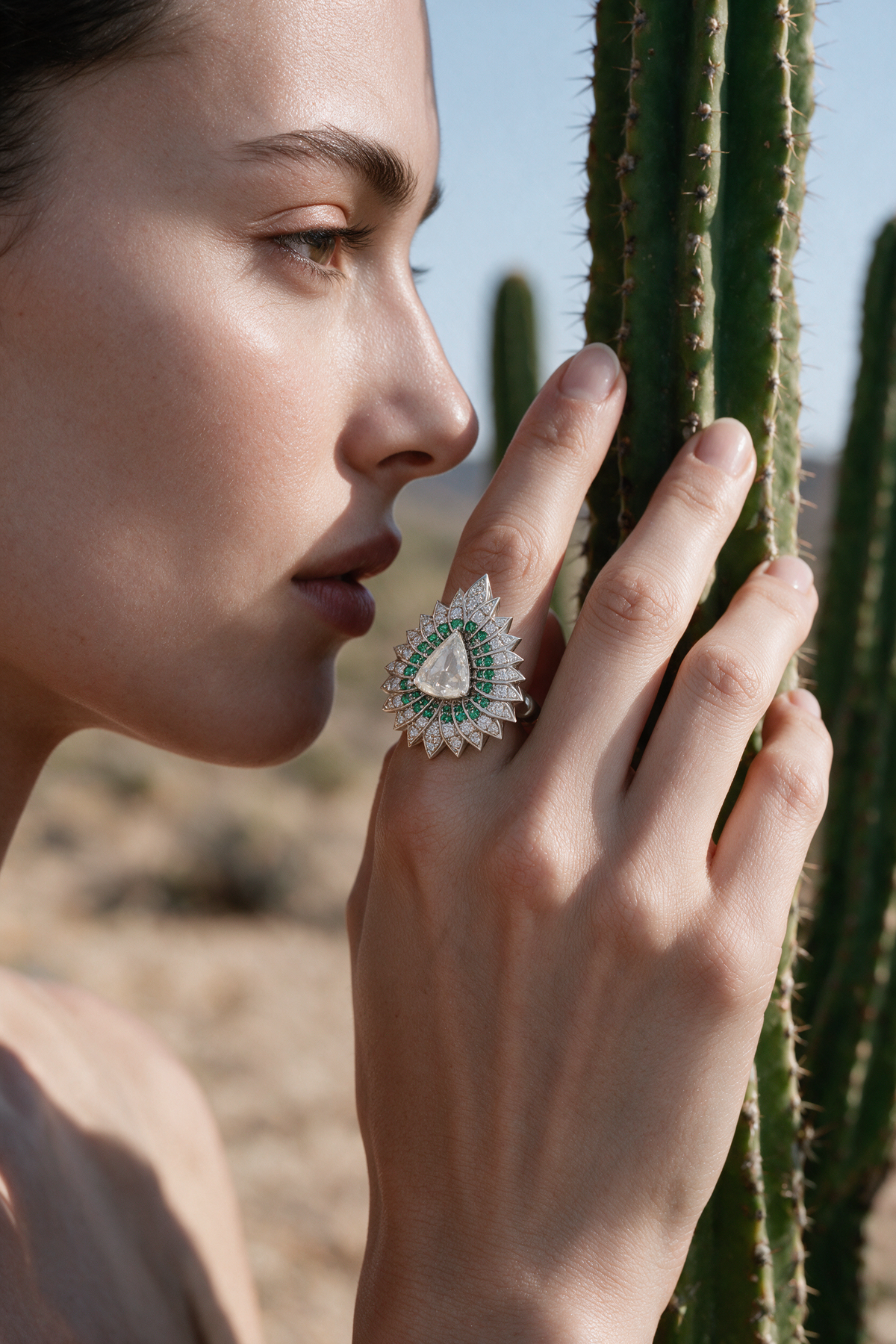 Lotus Ring, White Gold, Rose-cut Diamonds and Emeralds
