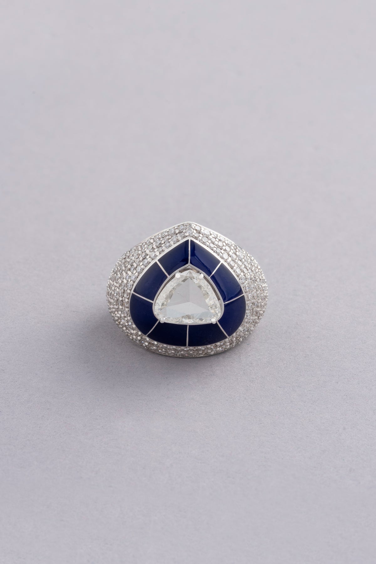 Shield Ring, White Gold, Rose-cut Diamonds and Ceramic Enamel