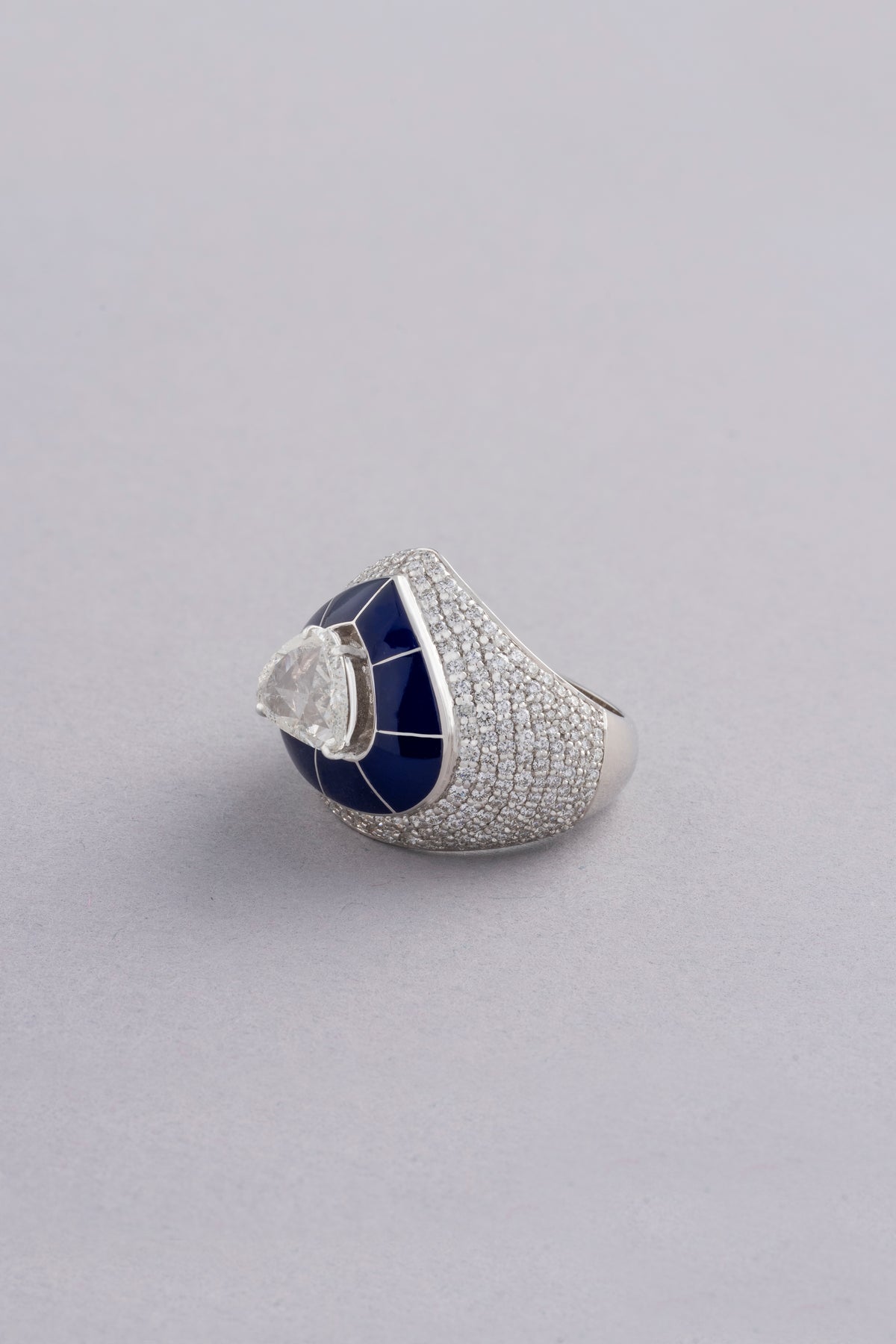Shield Ring, White Gold, Rose-cut Diamonds and Ceramic Enamel