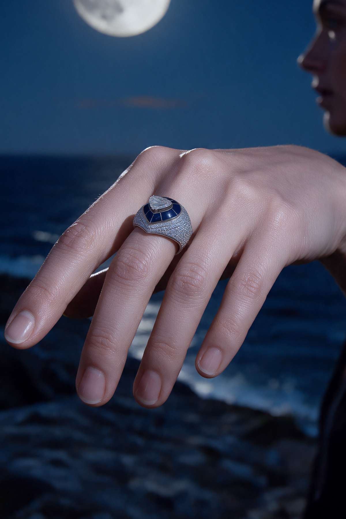 Shield Ring, White Gold, Rose-cut Diamonds and Ceramic Enamel
