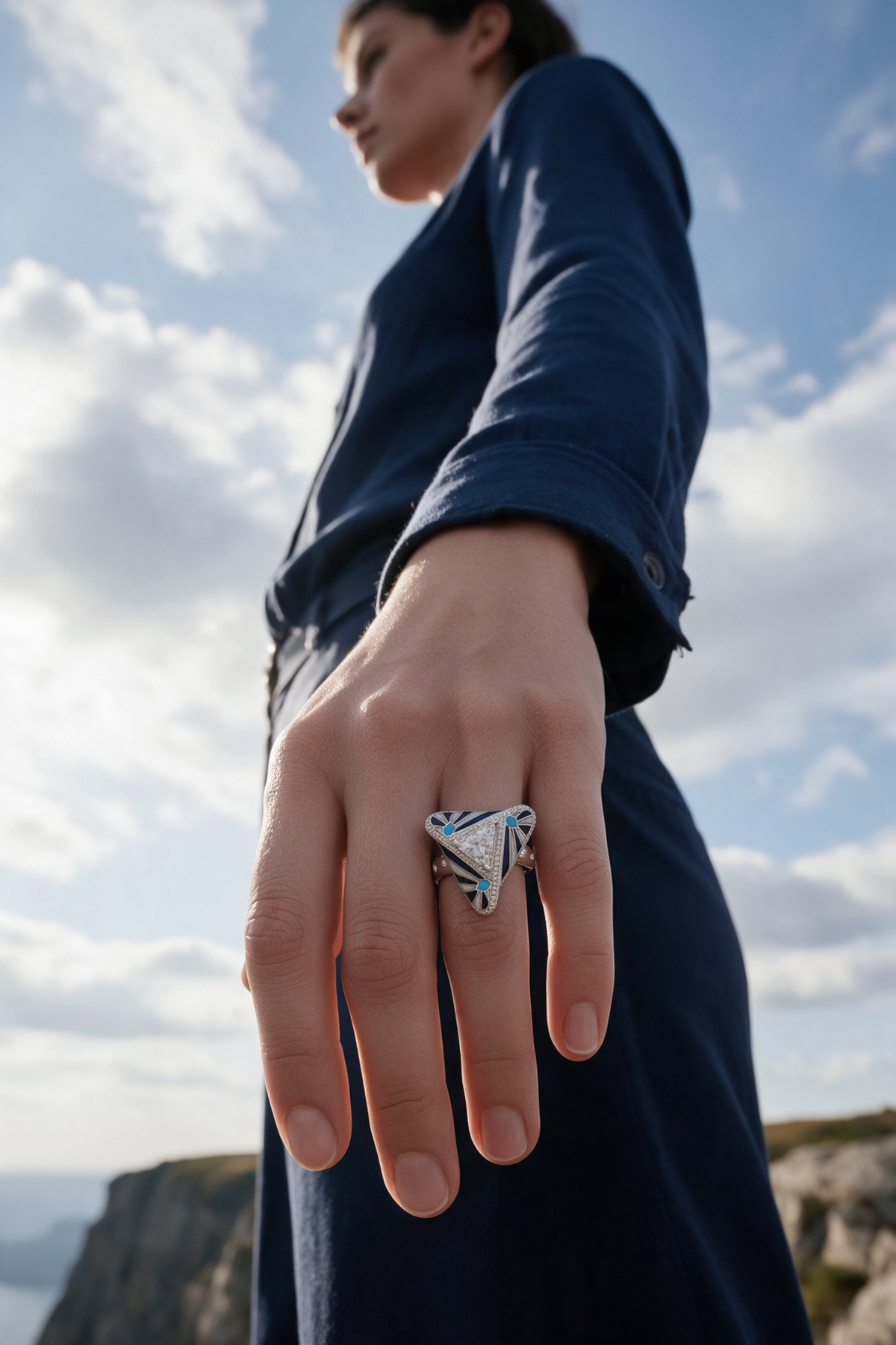 Triad Ring, White Gold, Rose-cut Diamonds and Ceramic Enamel