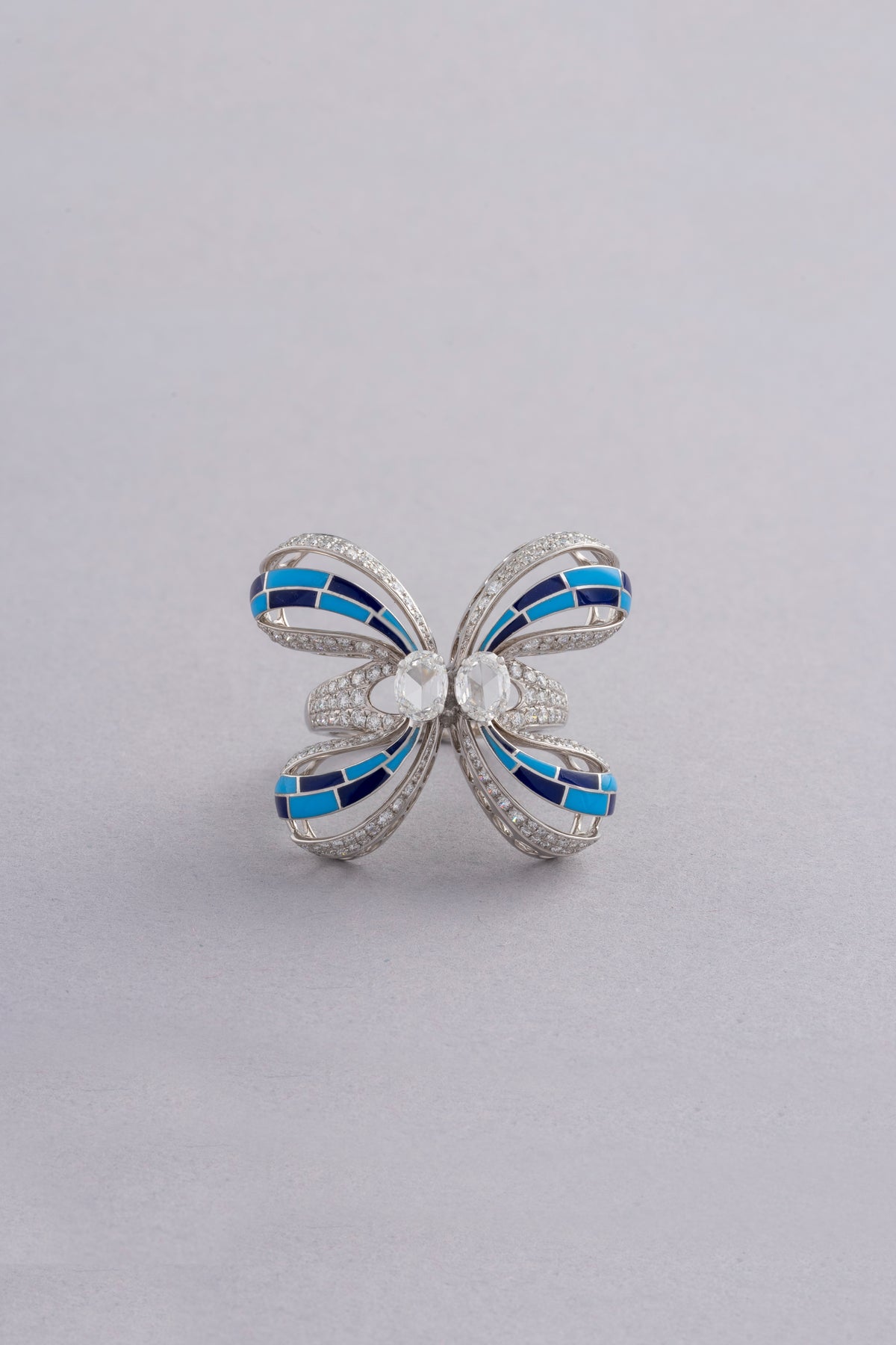 FLUTTER Butterfly Cascade Ring, White Gold, Rose-cut Diamonds and Ceramic Enamel