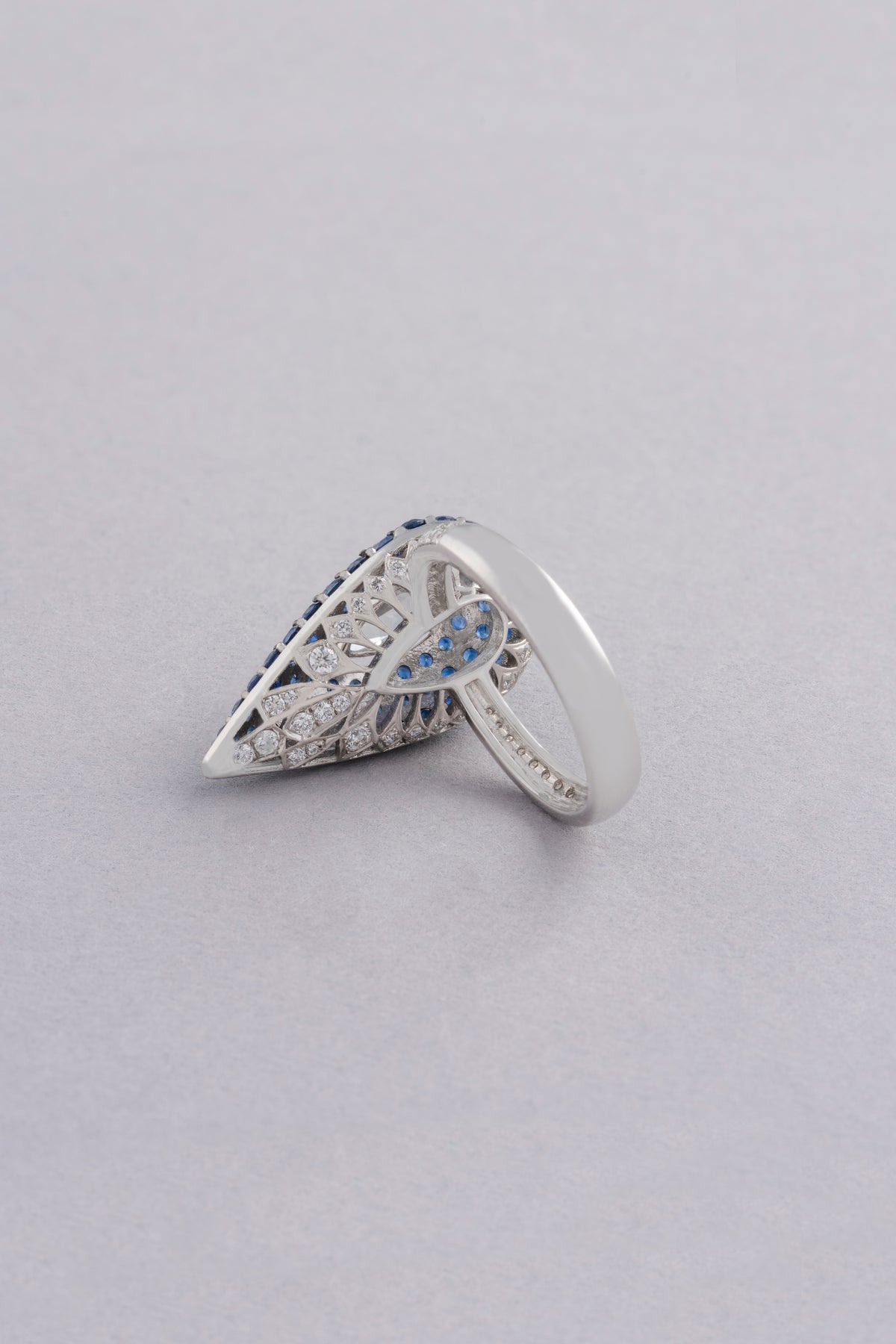 DEW Cascade Ring, White Gold, Rose-cut Diamonds and Blue Sapphires
