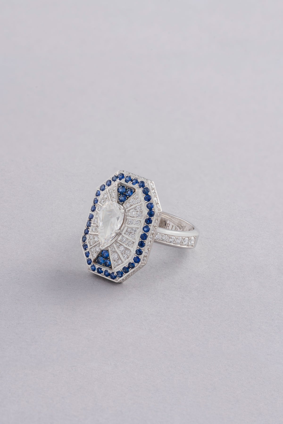LINK Drop Ring, White Gold, Rose-cut Diamonds and Blue Sapphires