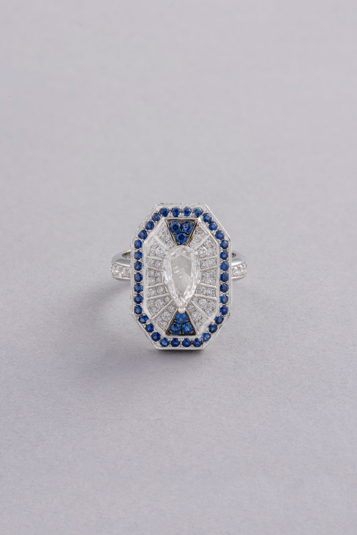 LINK Drop Ring, White Gold, Rose-cut Diamonds and Blue Sapphires