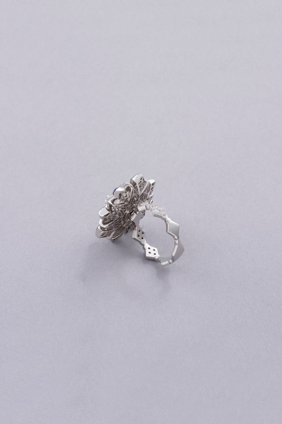 NOVA Starburst Ring, White Gold, Rose-cut Diamonds and Emeralds