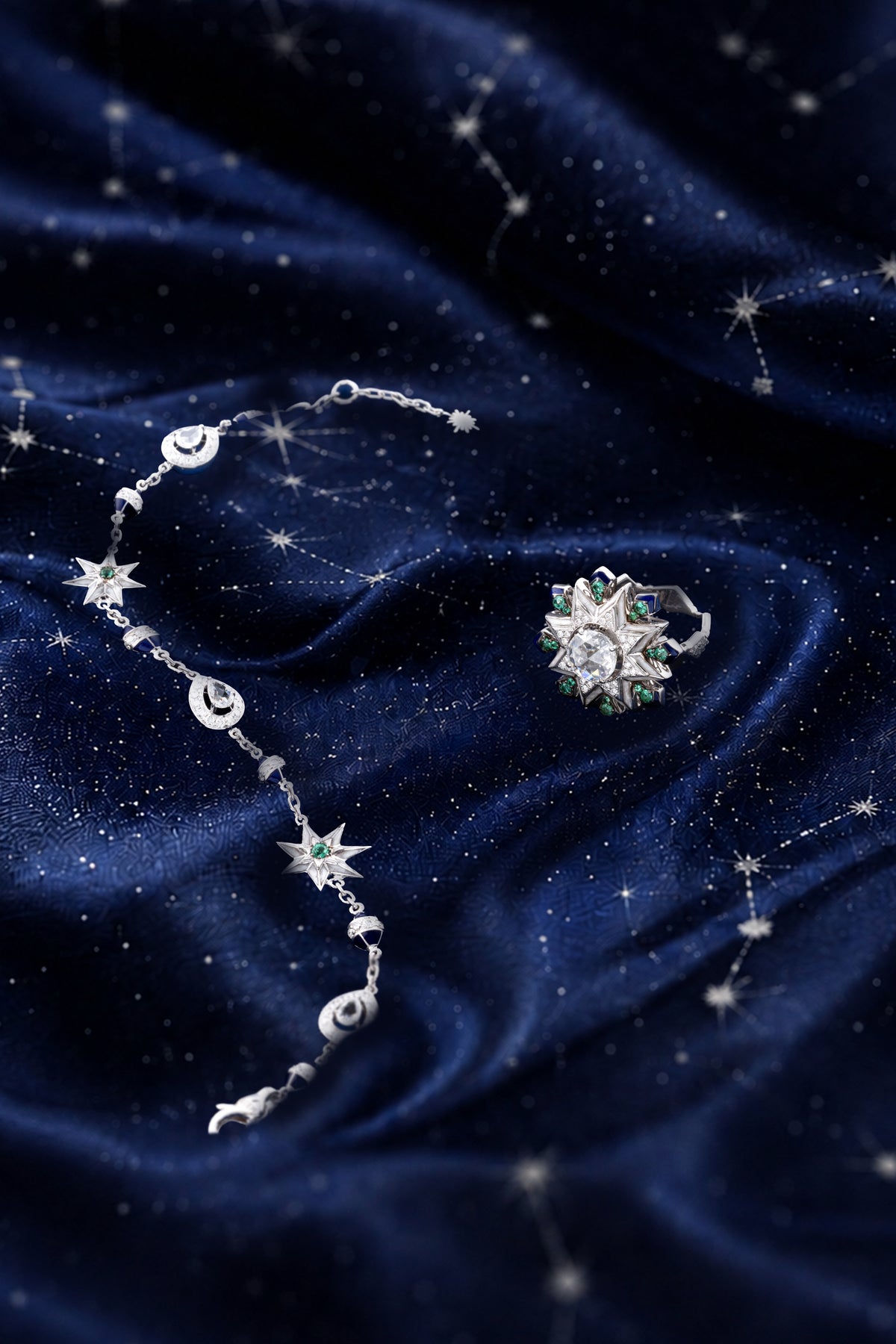 NOVA Starburst Ring, White Gold, Rose-cut Diamonds and Emeralds