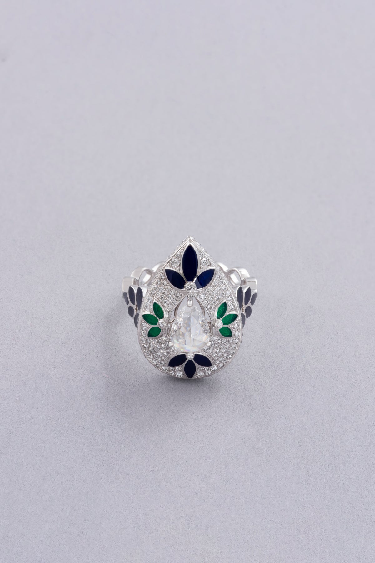 DEW Bloom Ring, White Gold, Rose-cut Diamonds and Ceramic Enamel