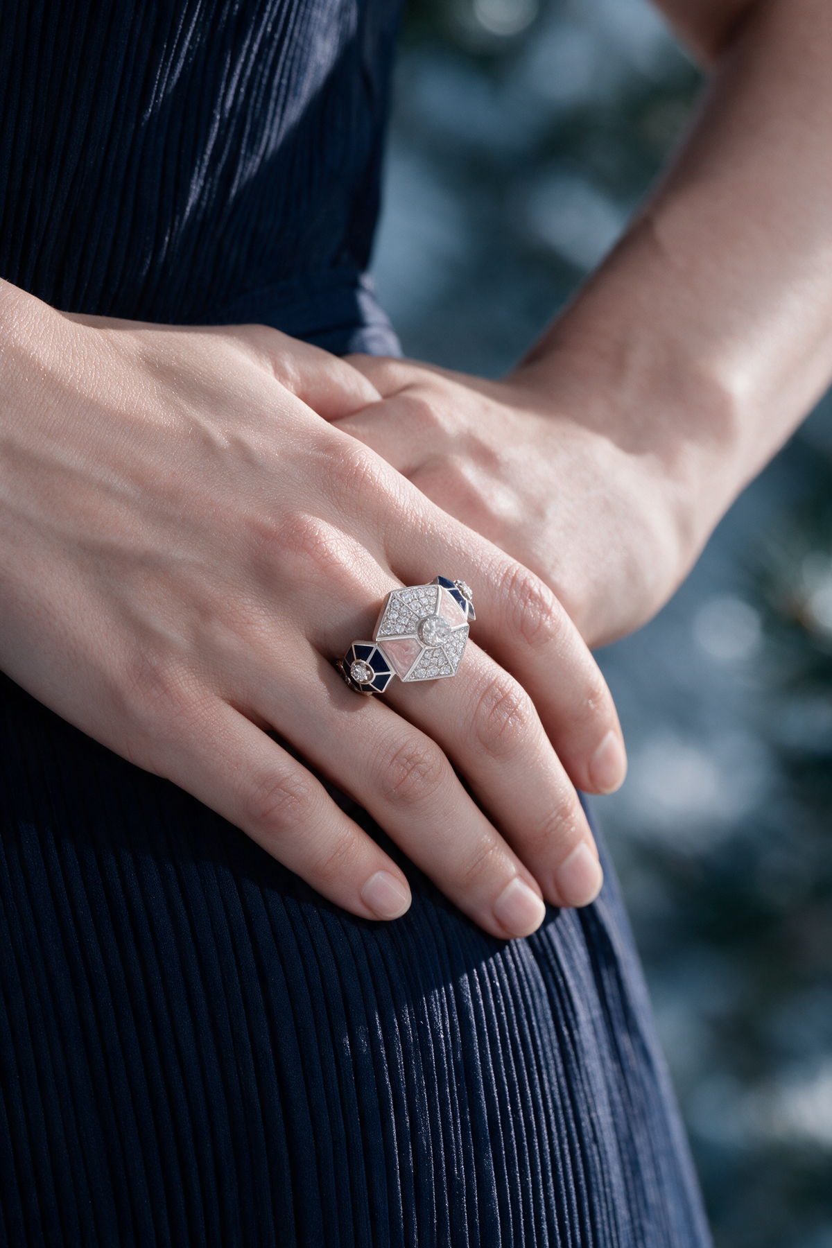 HEXA Honeycomb Bloom Ring, White Gold, Rose-cut Diamonds and Ceramic Enamel