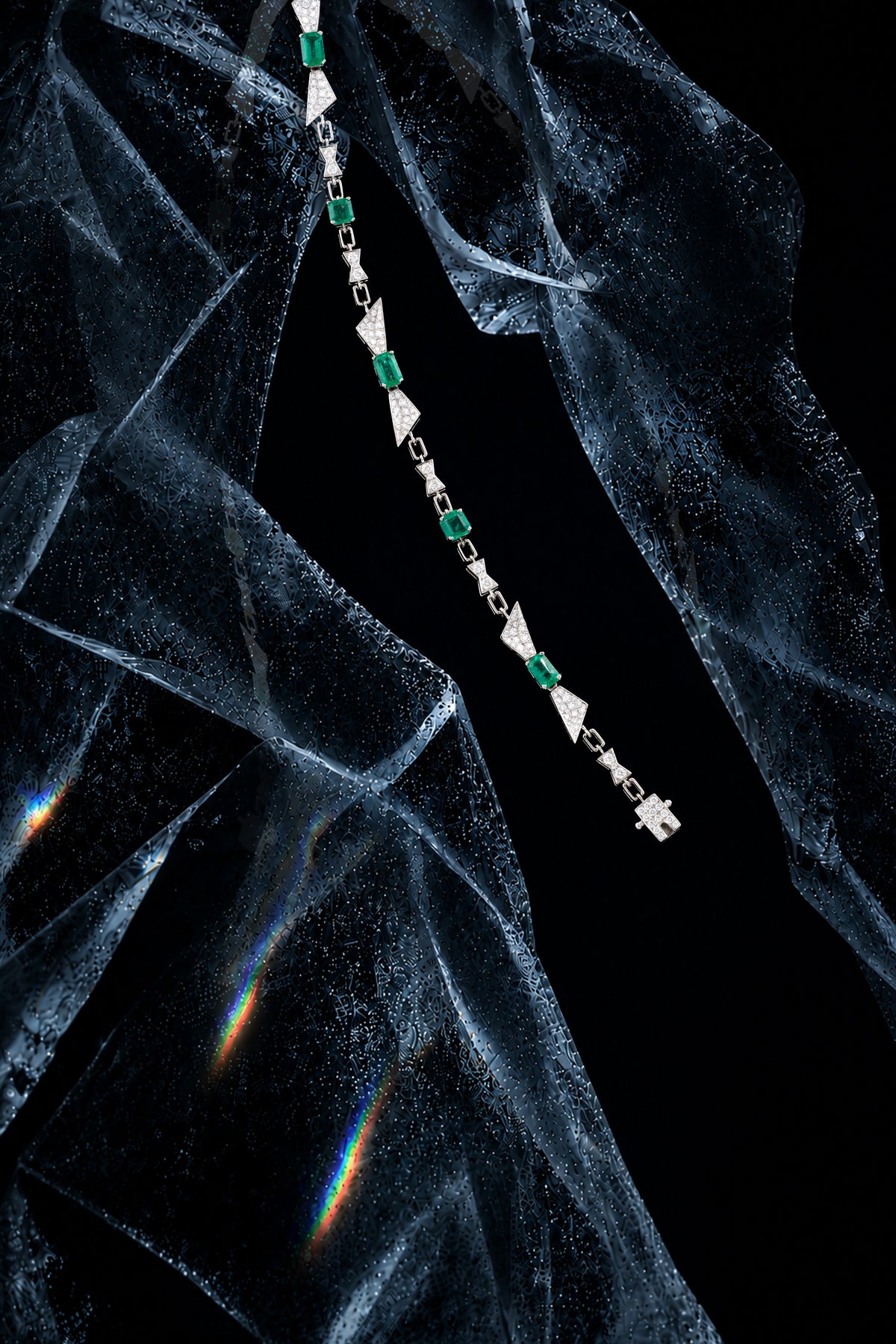 PRISM Emerald-Cut Bracelet, White Gold, Brilliant-cut Diamonds and Emeralds