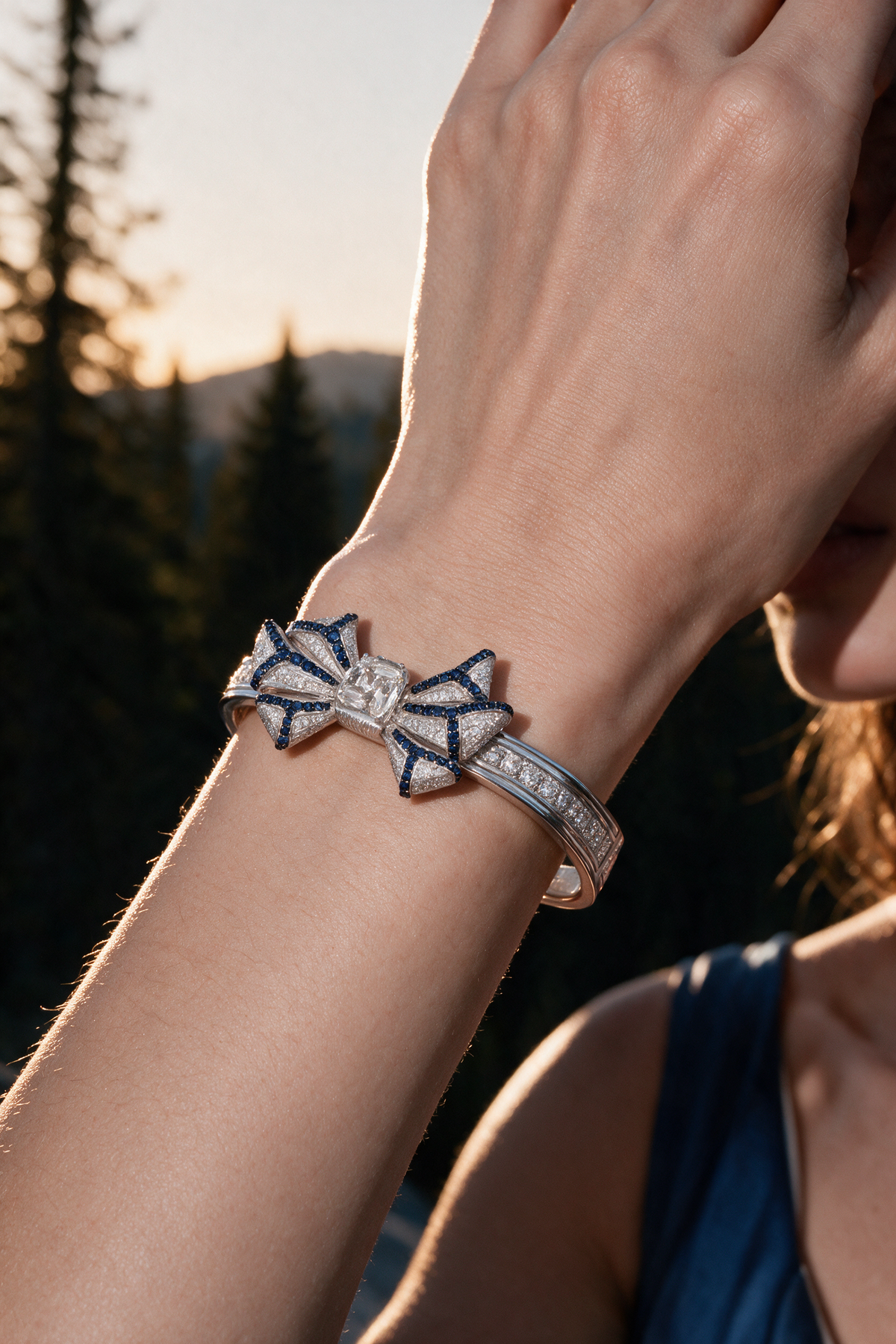 PRISM Bow Bracelet, White Gold, Rose-cut Diamonds and Blue Sapphires