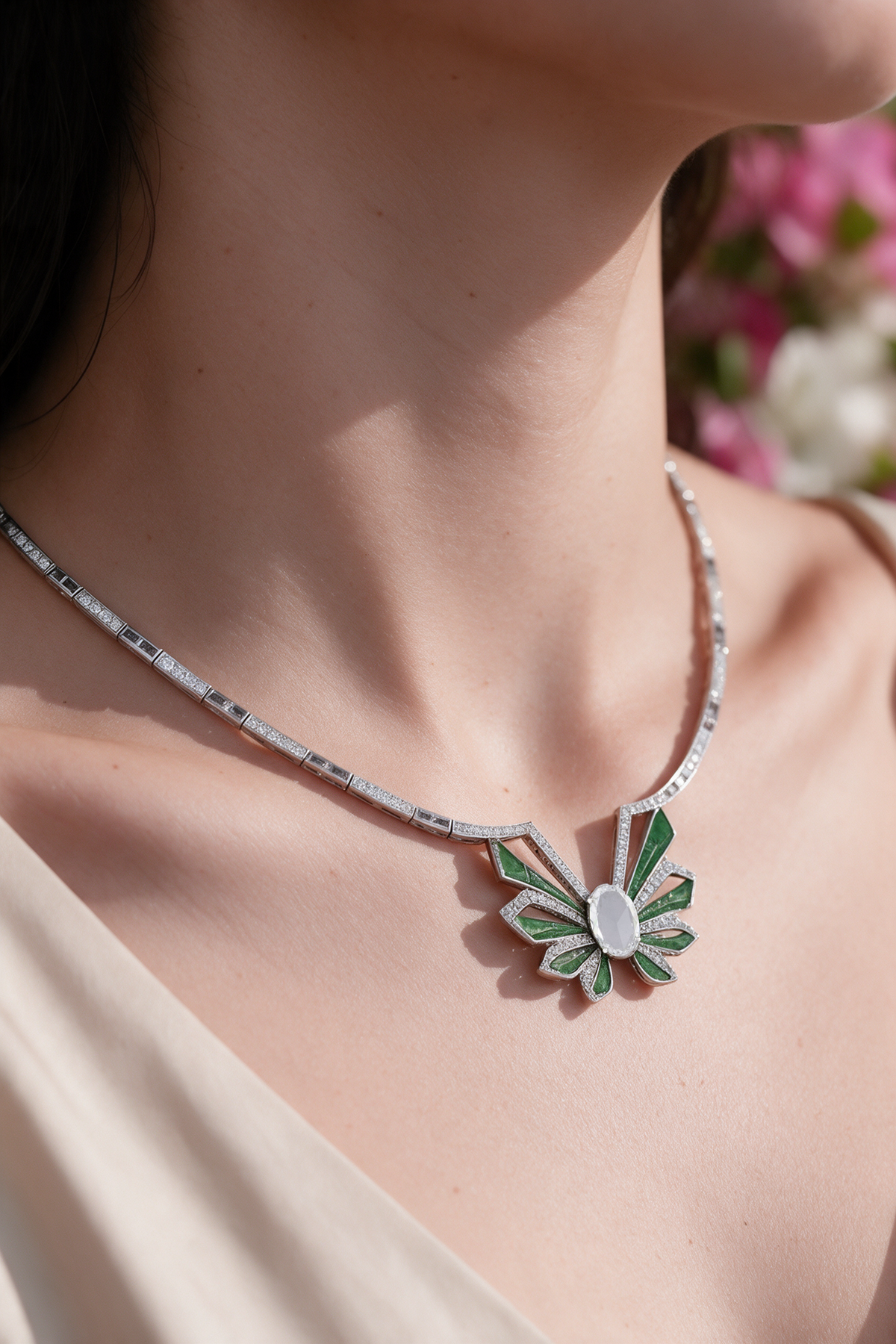 FLUTTER Butterfly Solo Necklace, White Gold, Rose-cut Diamonds and Ceramic Enamel