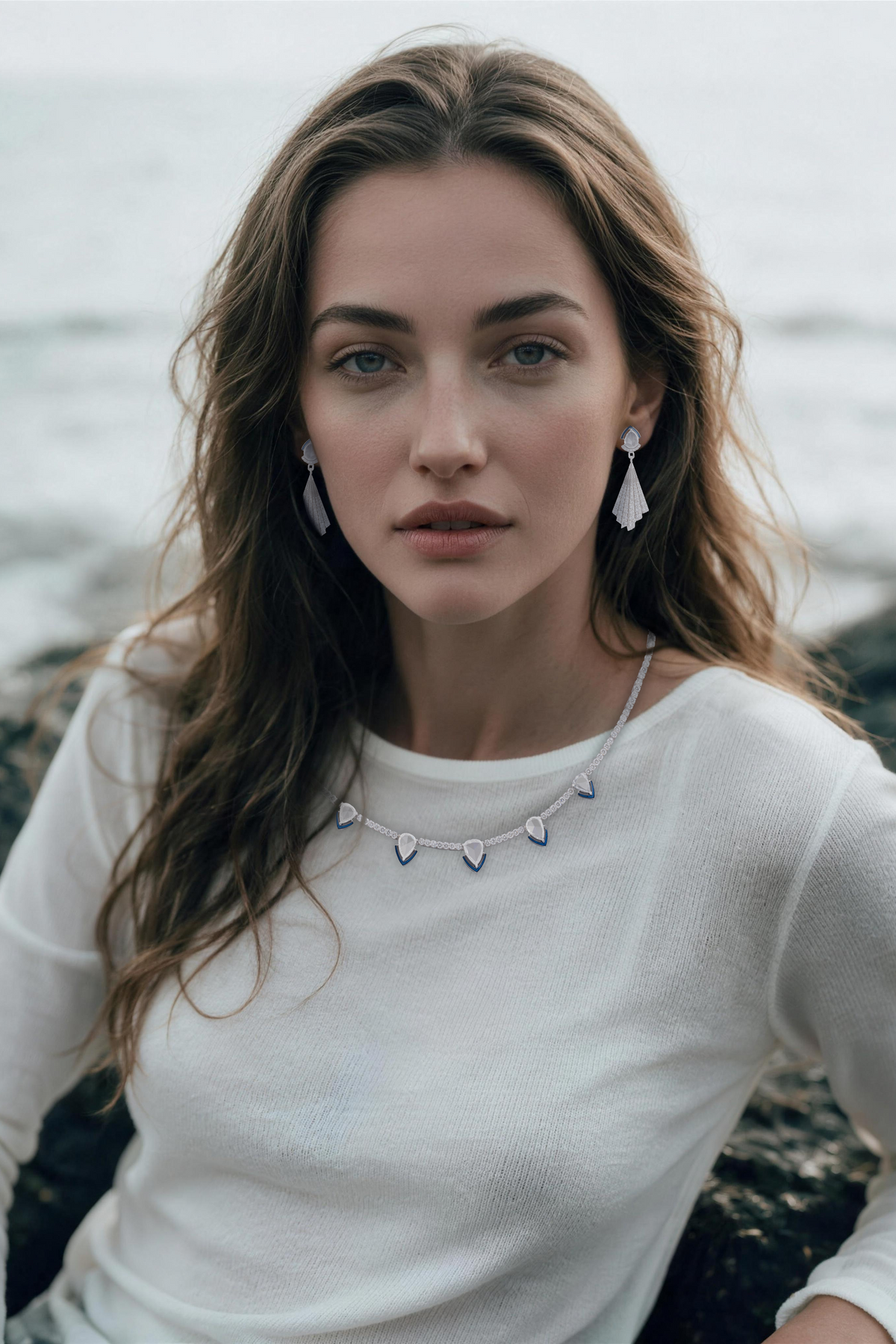 PRISM Drop Necklace, White Gold, Rose-cut Diamonds and Ceramic Enamel