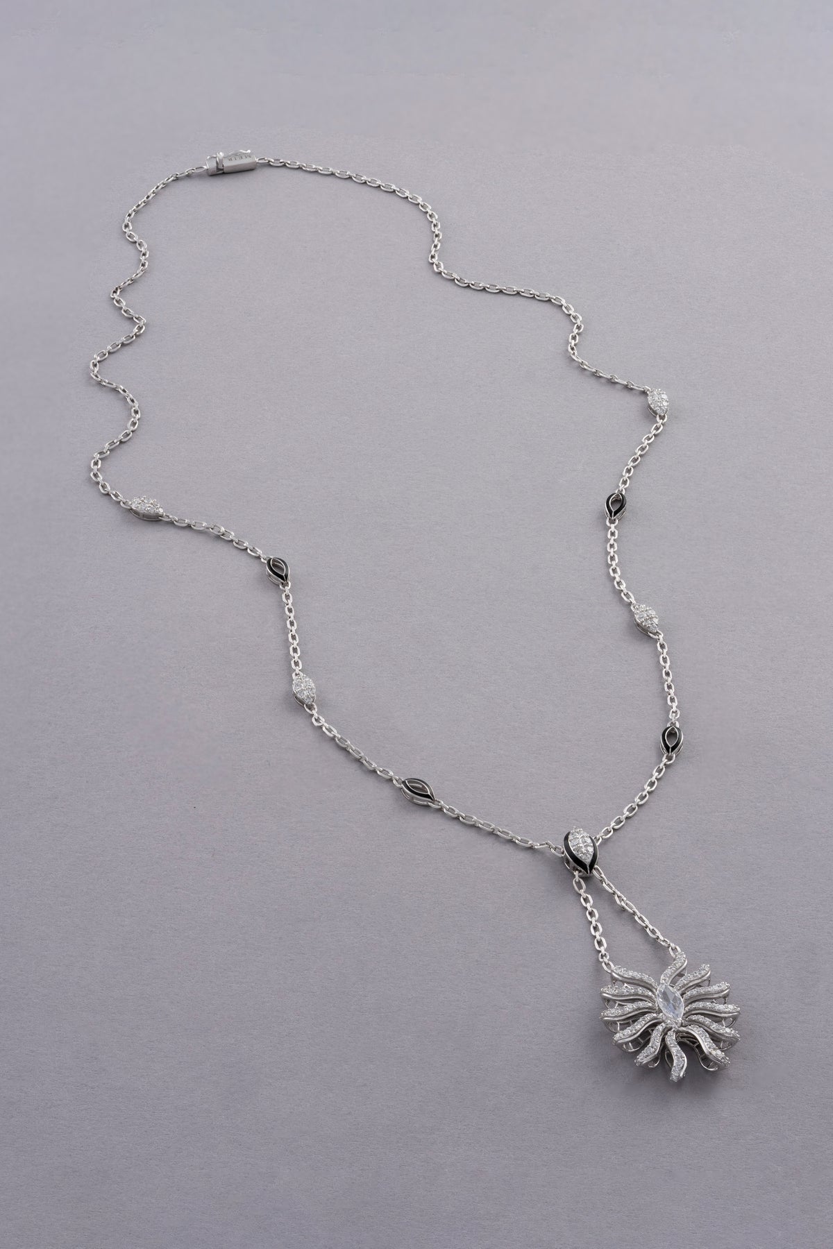 Sunburst Necklace, White Gold, Rose-cut Diamonds and Ceramic Enamel