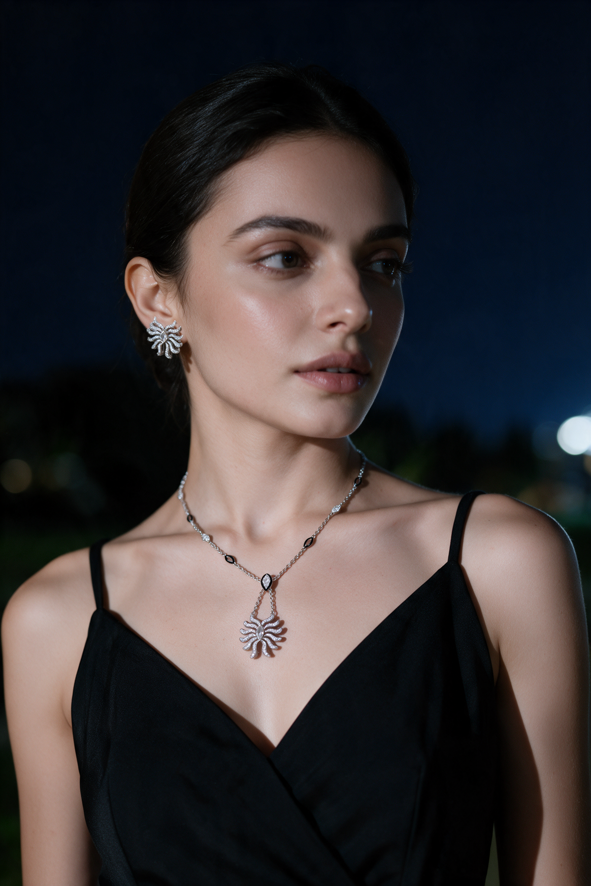 Sunburst Necklace, White Gold, Rose-cut Diamonds and Ceramic Enamel