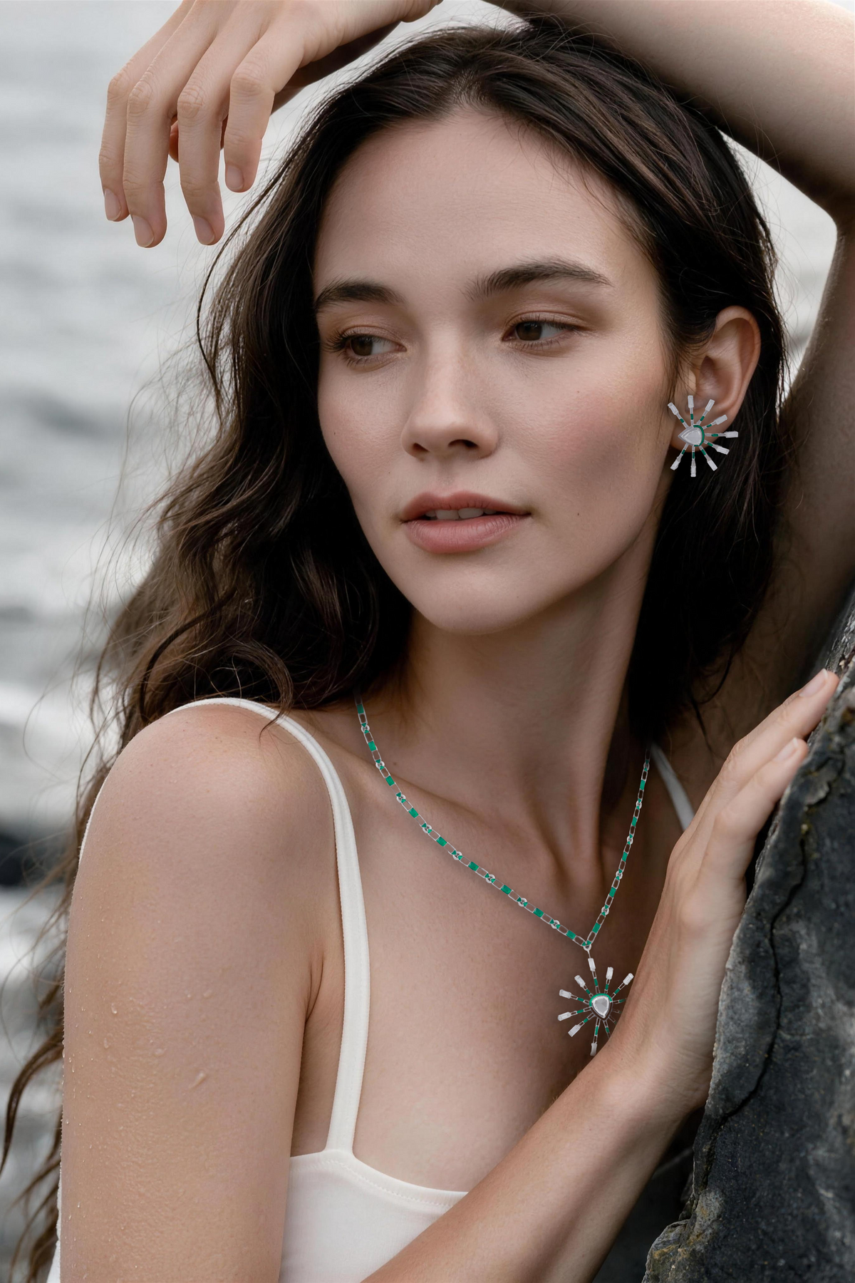 PRISM Sunburst Necklace, White Gold, Rose-cut Diamonds and Ceramic Enamel