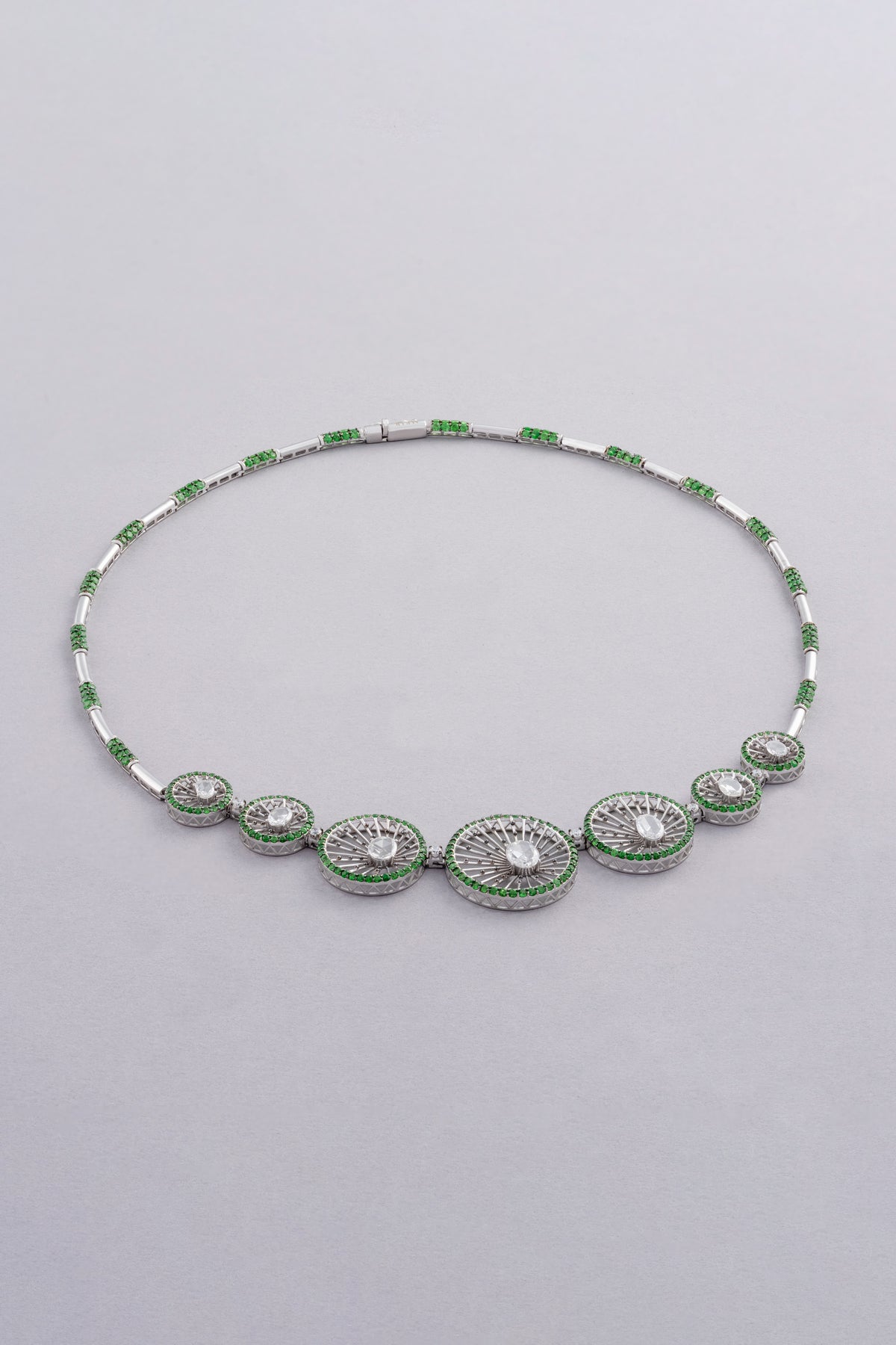 Wheel Necklace, White Gold, Rose-cut Diamonds and Tsavorite
