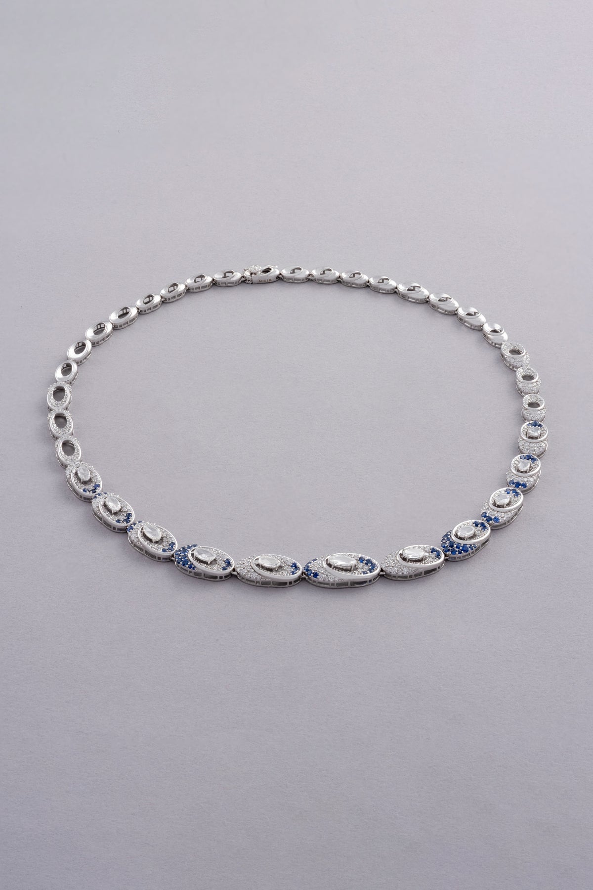 LINK Oval Necklace, White Gold, Rose-cut Diamonds and Blue Sapphires