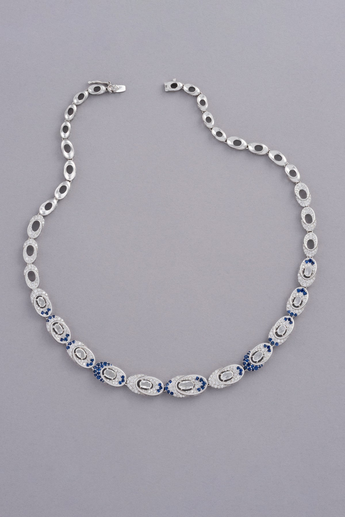 LINK Oval Necklace, White Gold, Rose-cut Diamonds and Blue Sapphires