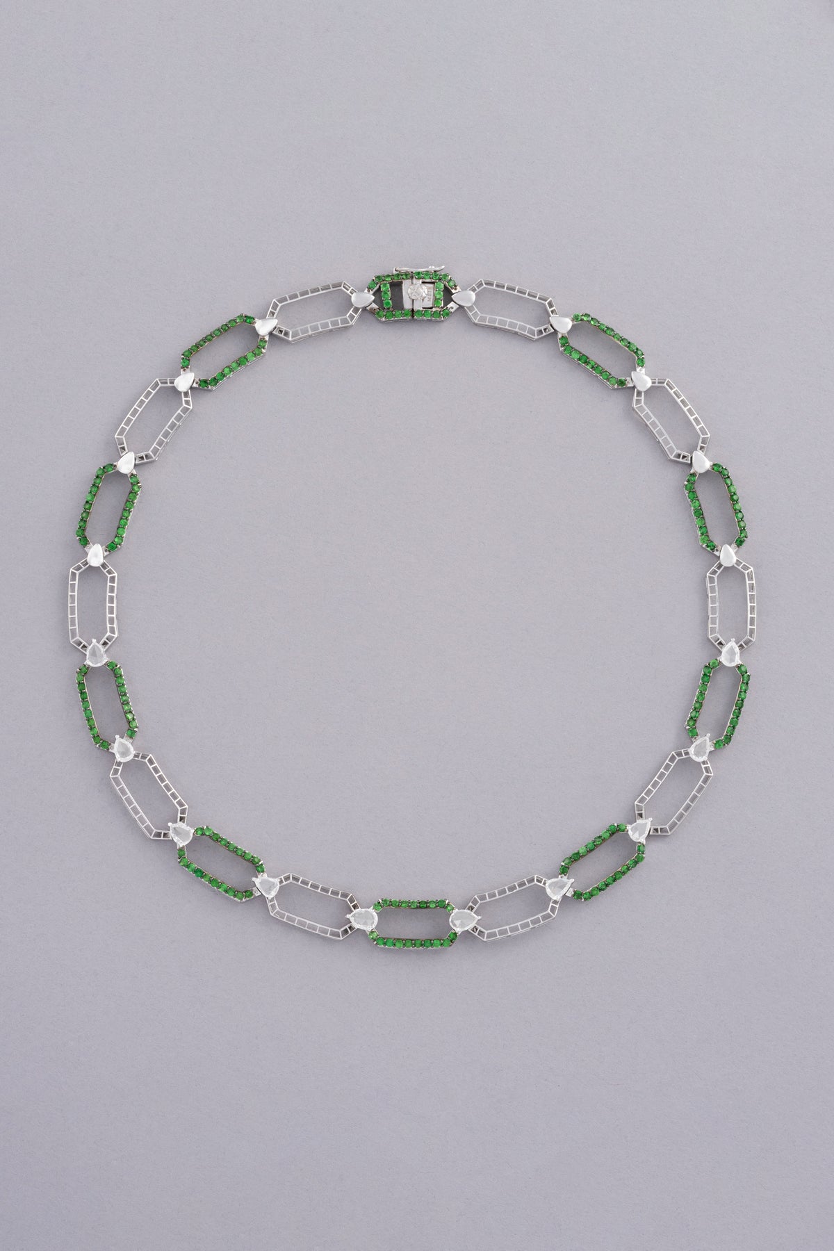 LINK Chain Necklace, White Gold, Rose-cut Diamonds and Tsavorite