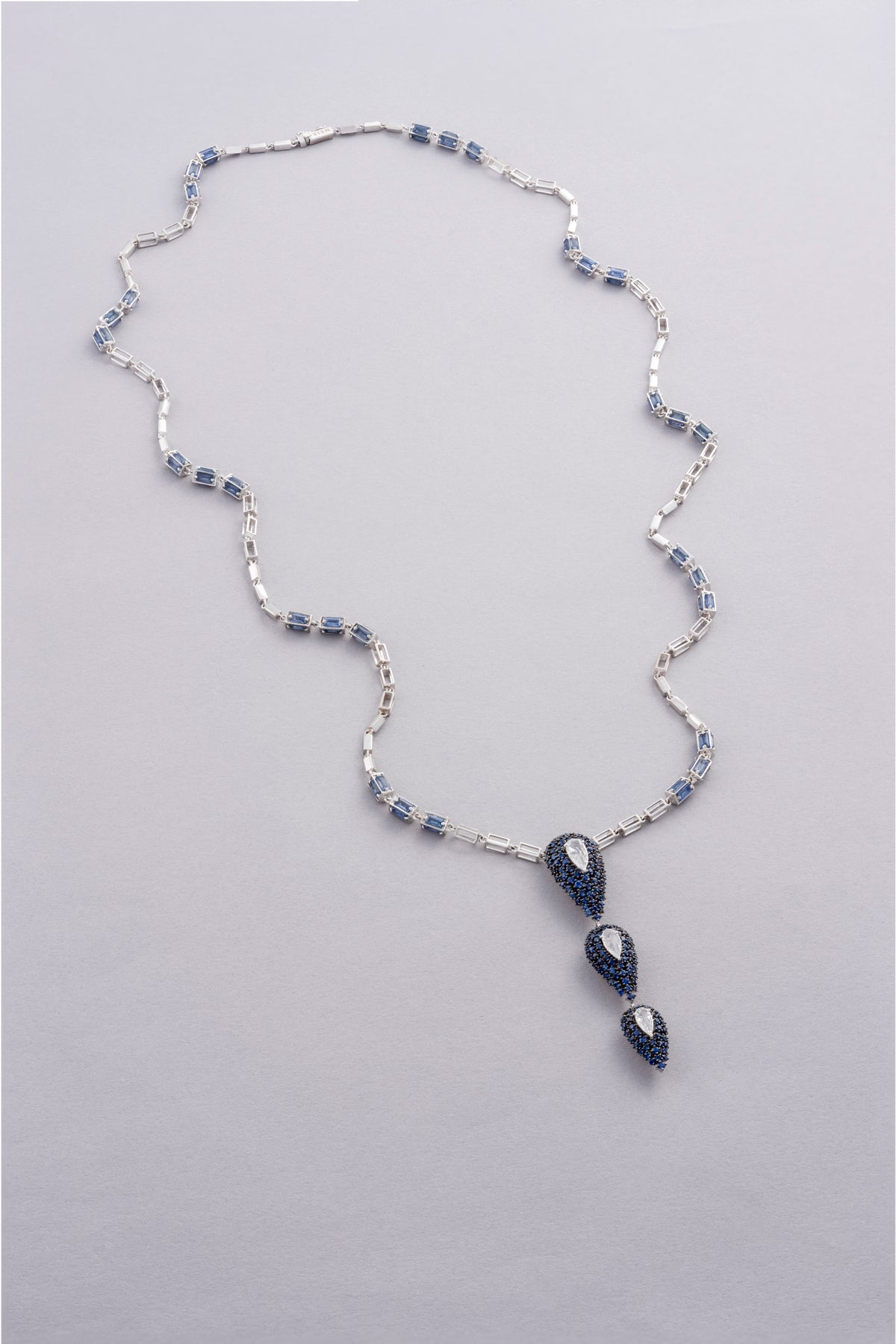 DEW Cascade Necklace, White Gold, Rose-cut Diamonds and Blue Sapphires