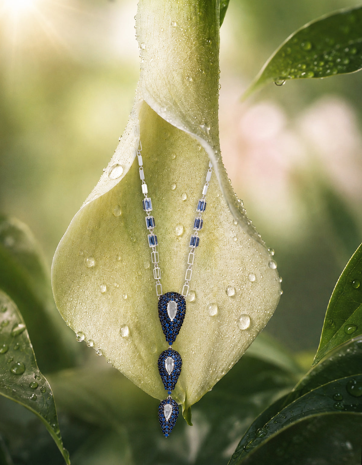 DEW Cascade Necklace, White Gold, Rose-cut Diamonds and Blue Sapphires