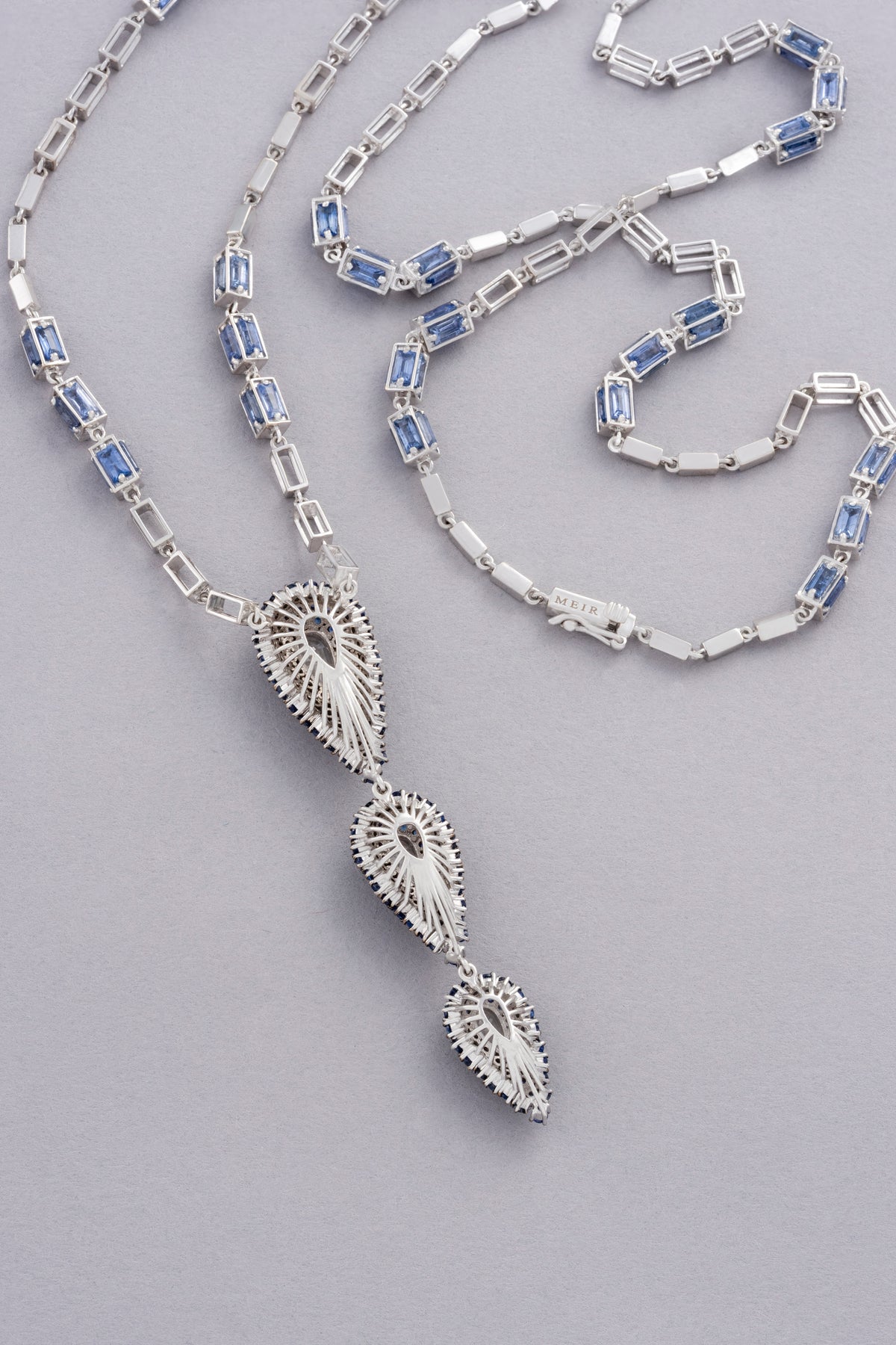DEW Cascade Necklace, White Gold, Rose-cut Diamonds and Blue Sapphires