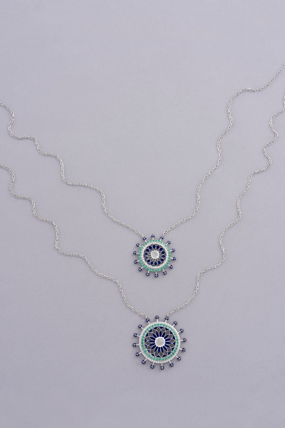 NOVA Medallion Necklace, White Gold, Rose-cut Diamonds and Emeralds