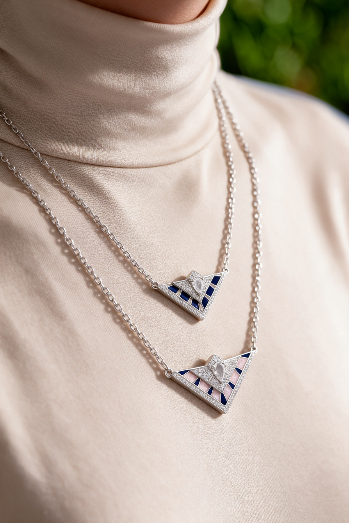 PRISM Chevron Necklace, White Gold, Rose-cut Diamonds and Ceramic Enamel