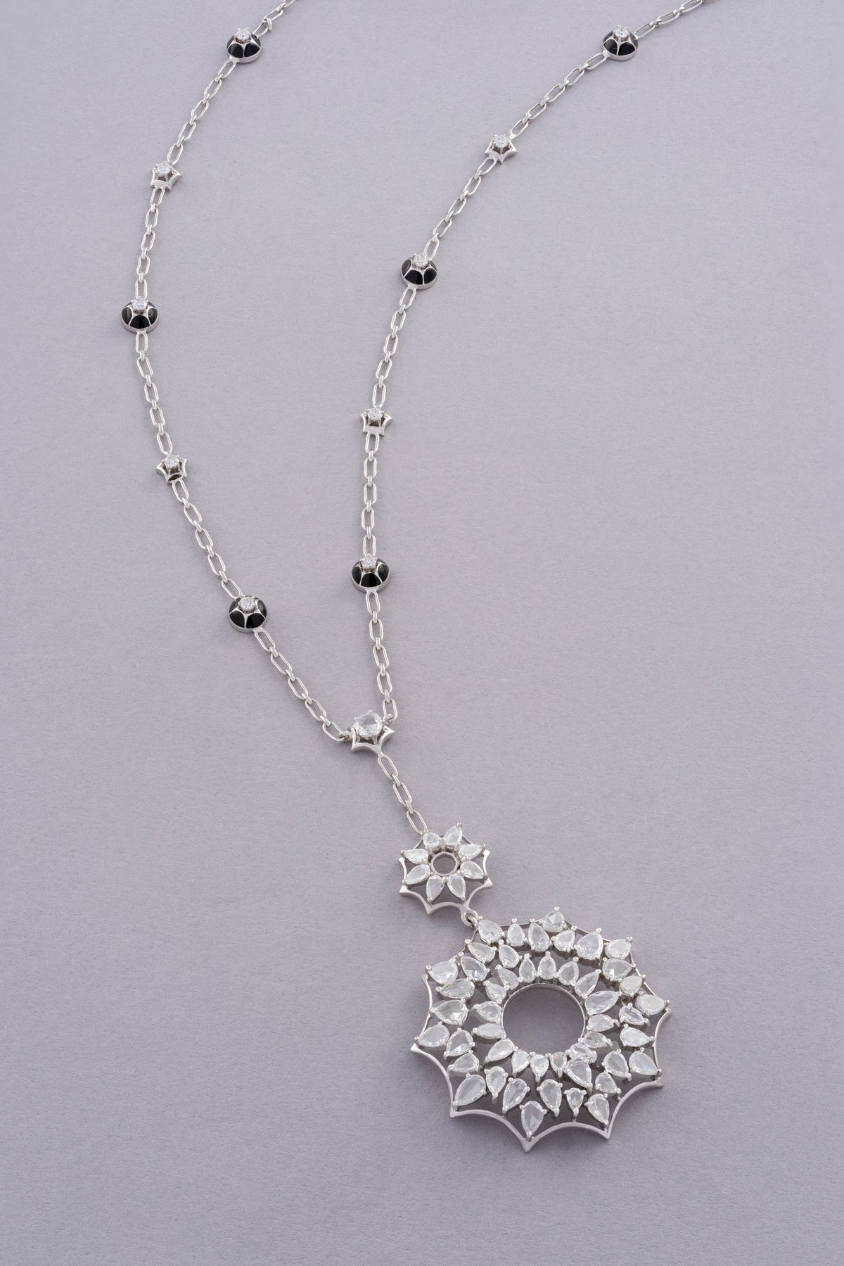 WEB Lace Necklace, White Gold, Rose-cut Diamonds and Ceramic Enamel