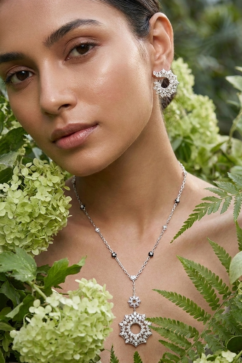 WEB Lace Necklace, White Gold, Rose-cut Diamonds and Ceramic Enamel