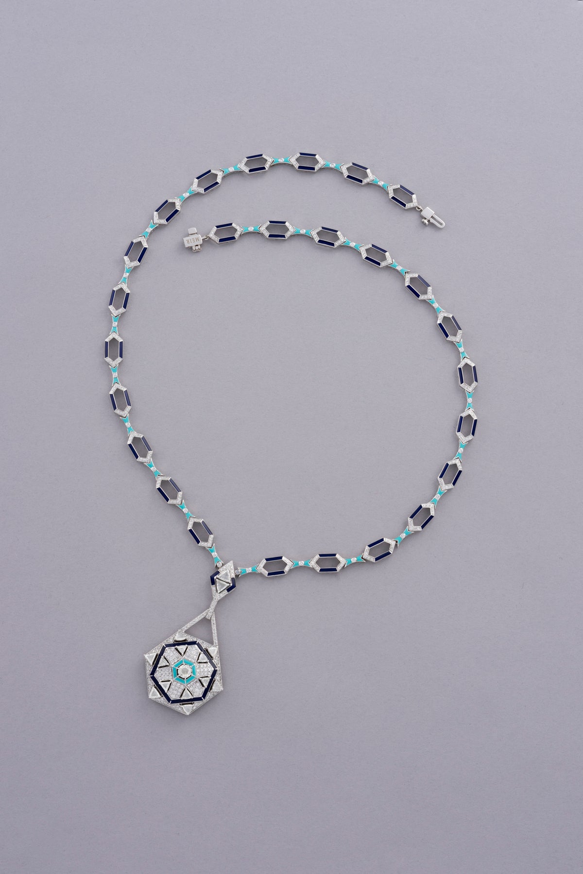 HEXA Honeycomb Halo Necklace, White Gold, Rose-cut Diamonds and Ceramic Enamel