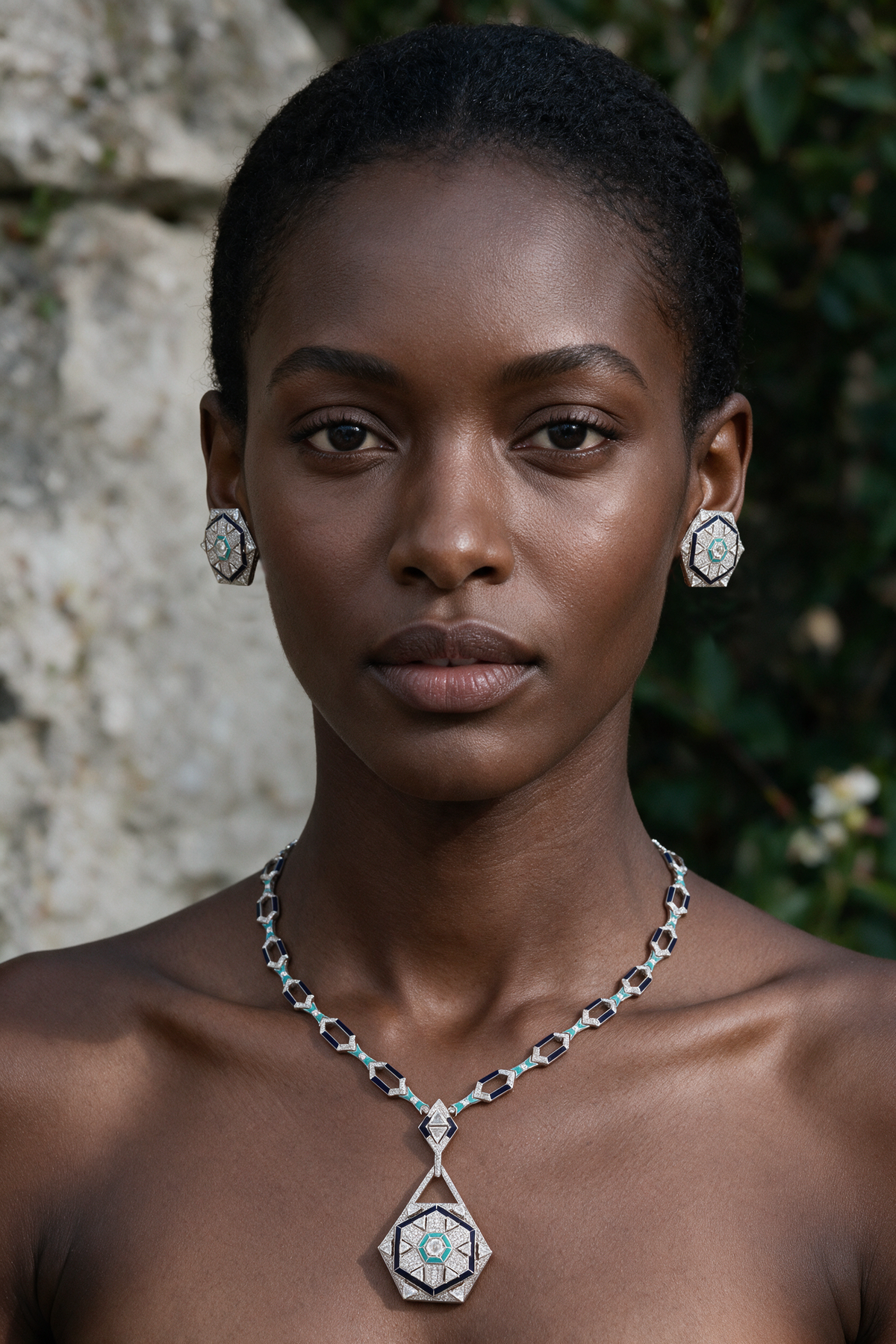 HEXA Honeycomb Halo Necklace, White Gold, Rose-cut Diamonds and Ceramic Enamel