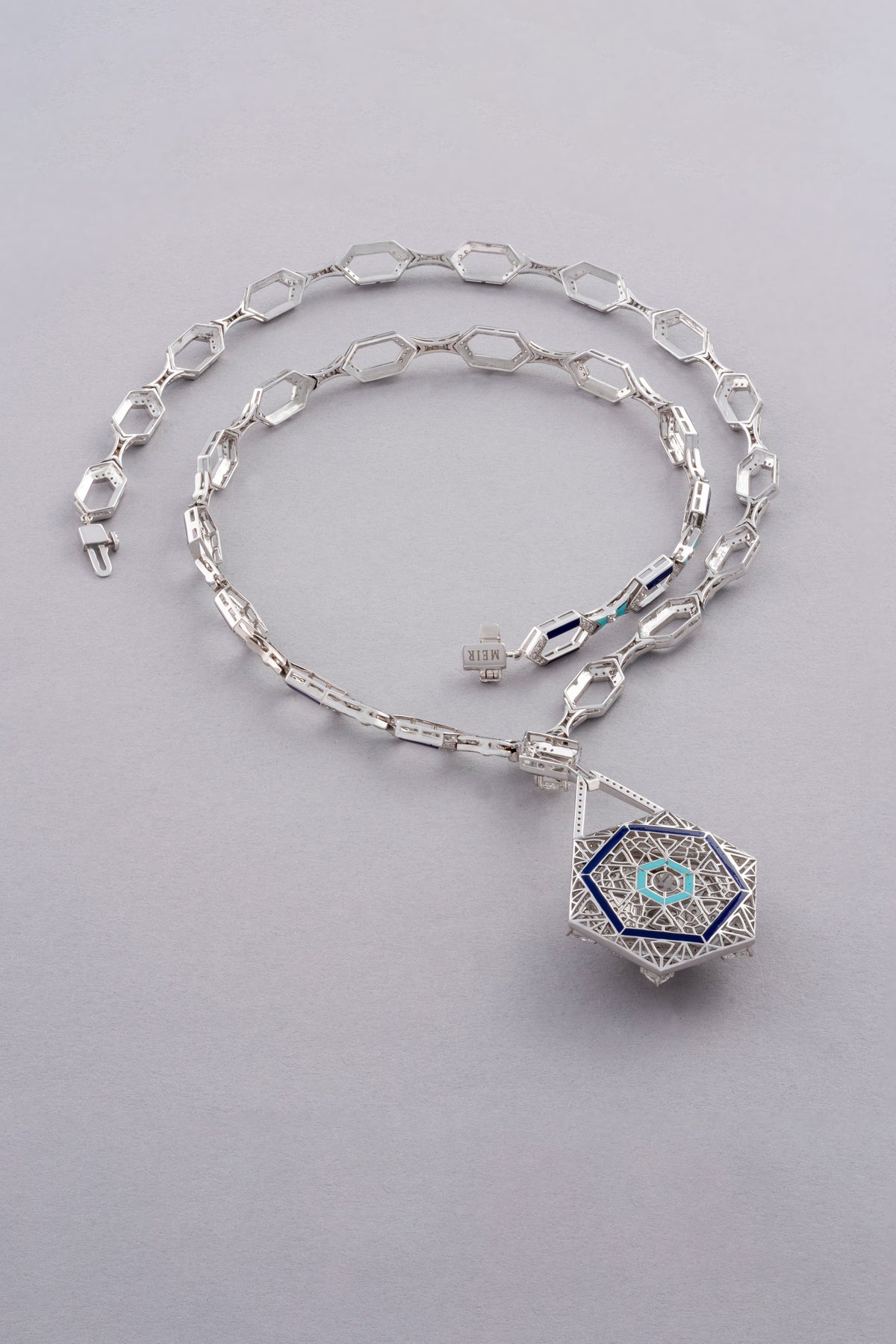 HEXA Honeycomb Halo Necklace, White Gold, Rose-cut Diamonds and Ceramic Enamel