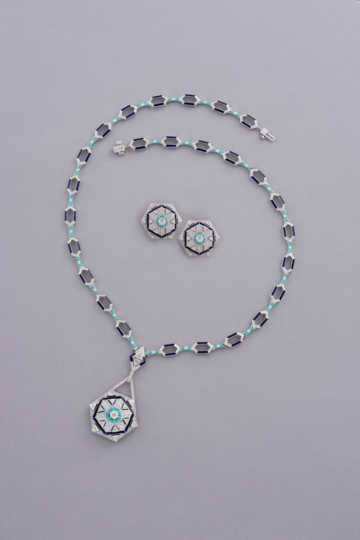 HEXA Honeycomb Halo Necklace, White Gold, Rose-cut Diamonds and Ceramic Enamel