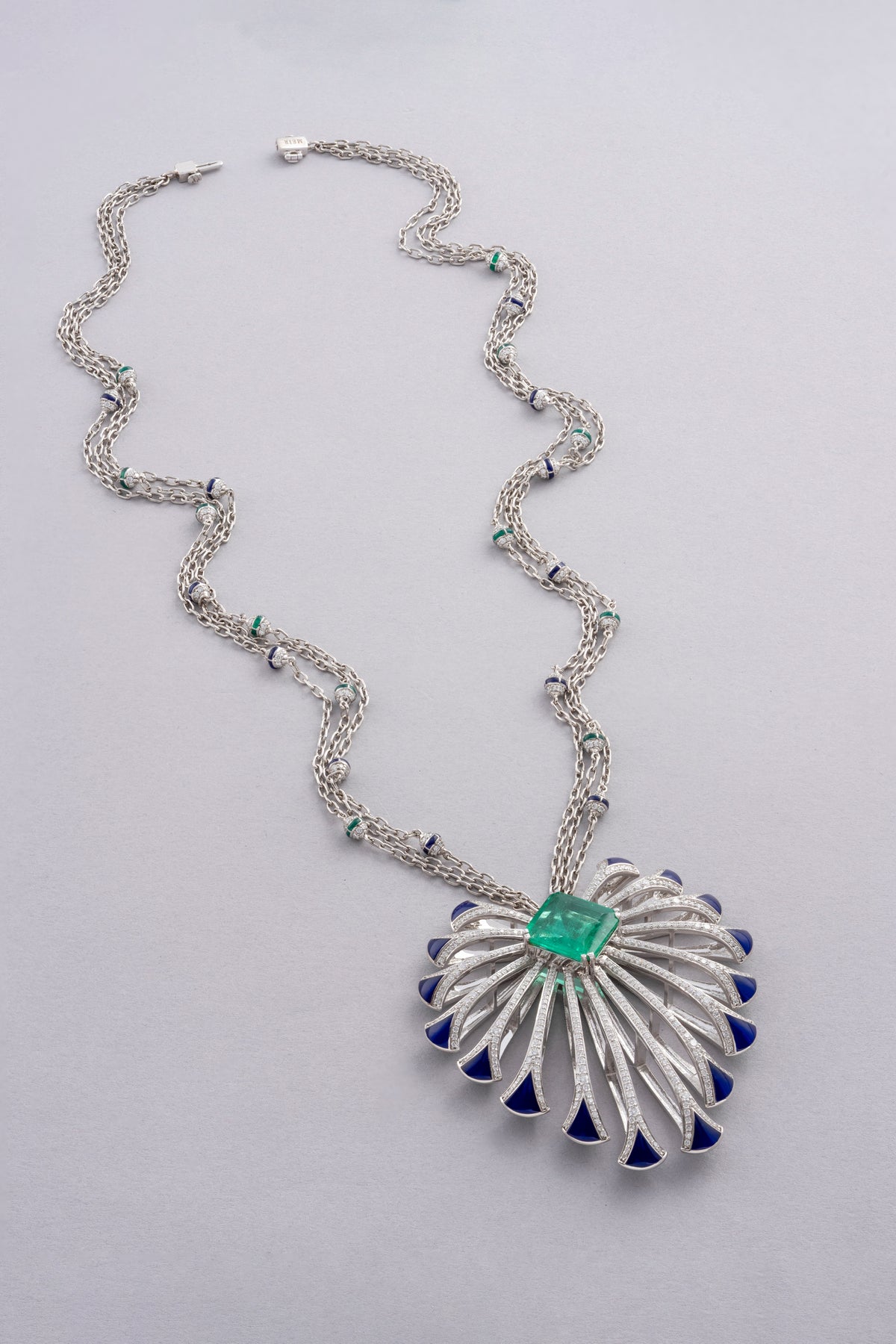 PLUME Feather Necklace, White Gold, Brilliant-cut Diamonds and Emeralds
