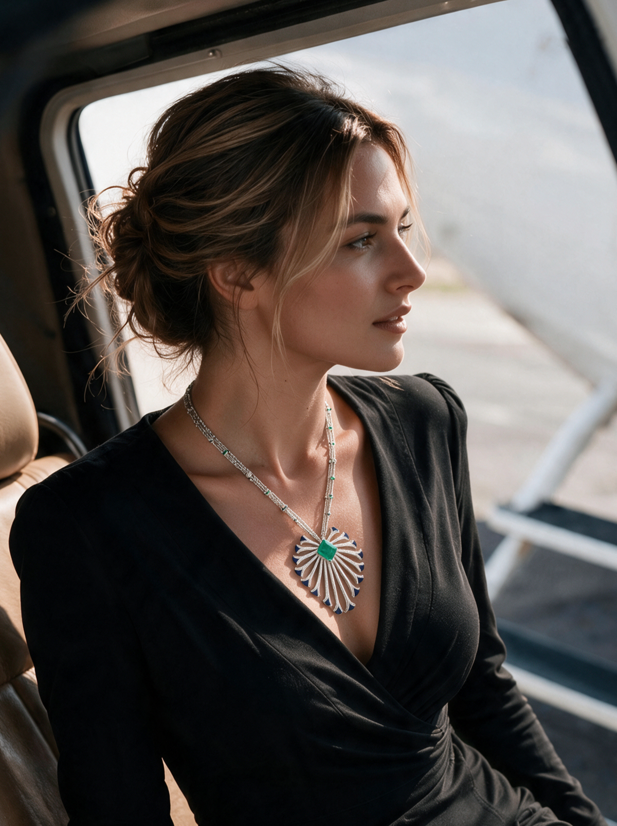 PLUME Feather Necklace, White Gold, Brilliant-cut Diamonds and Emeralds