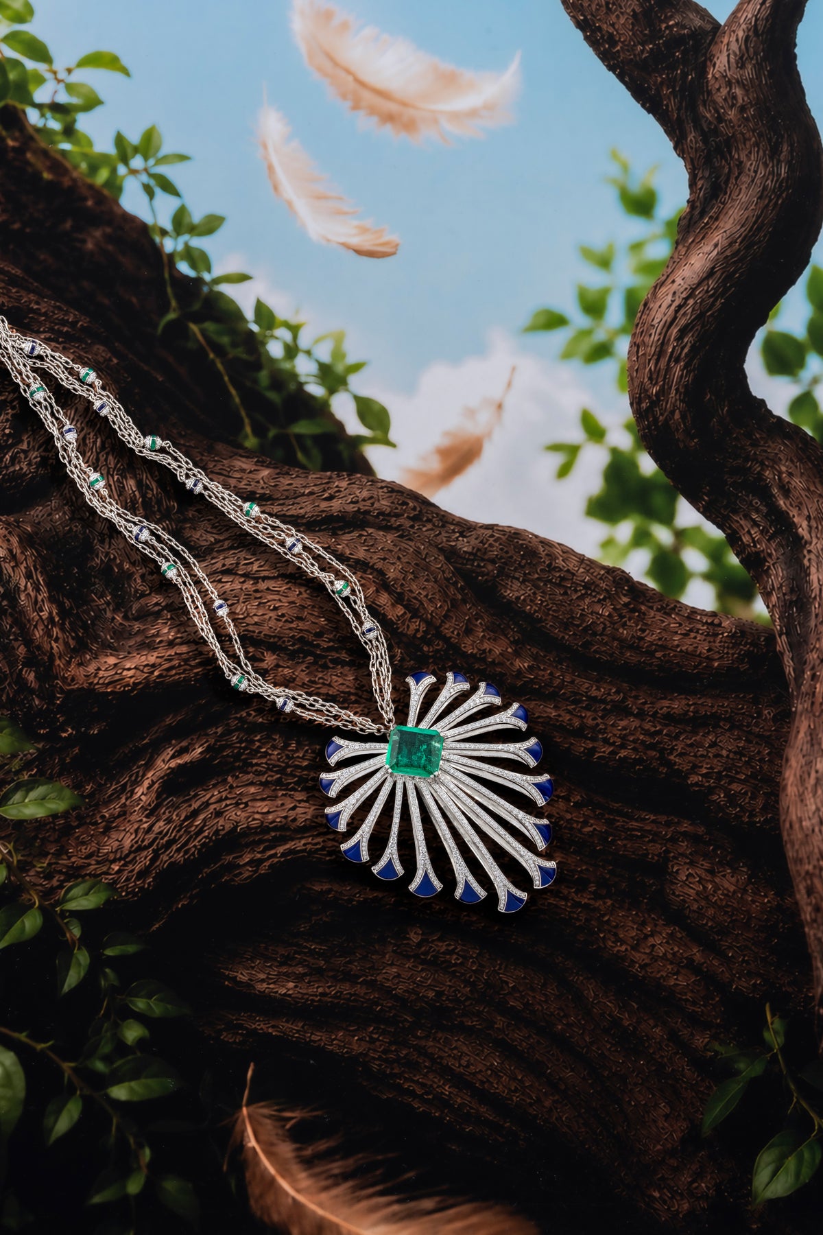 PLUME Feather Necklace, White Gold, Brilliant-cut Diamonds and Emeralds
