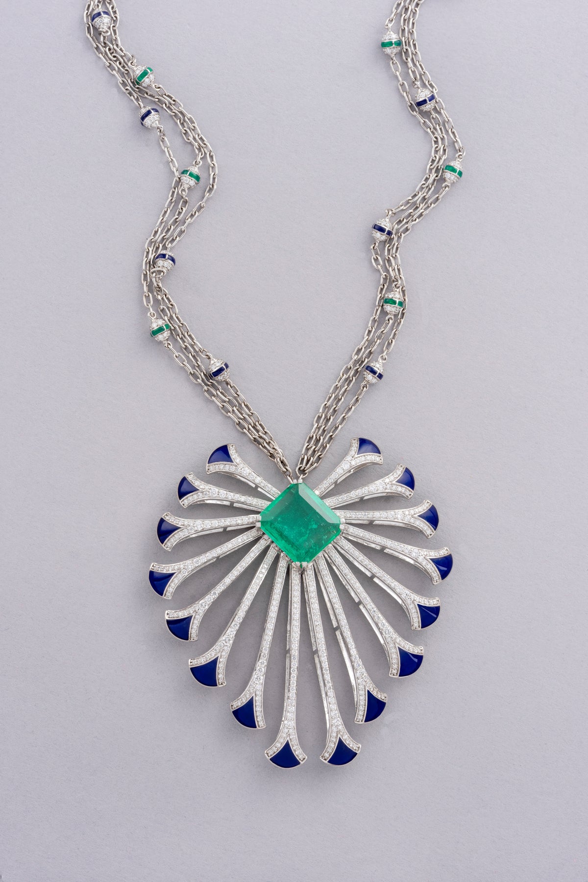 PLUME Feather Necklace, White Gold, Brilliant-cut Diamonds and Emeralds