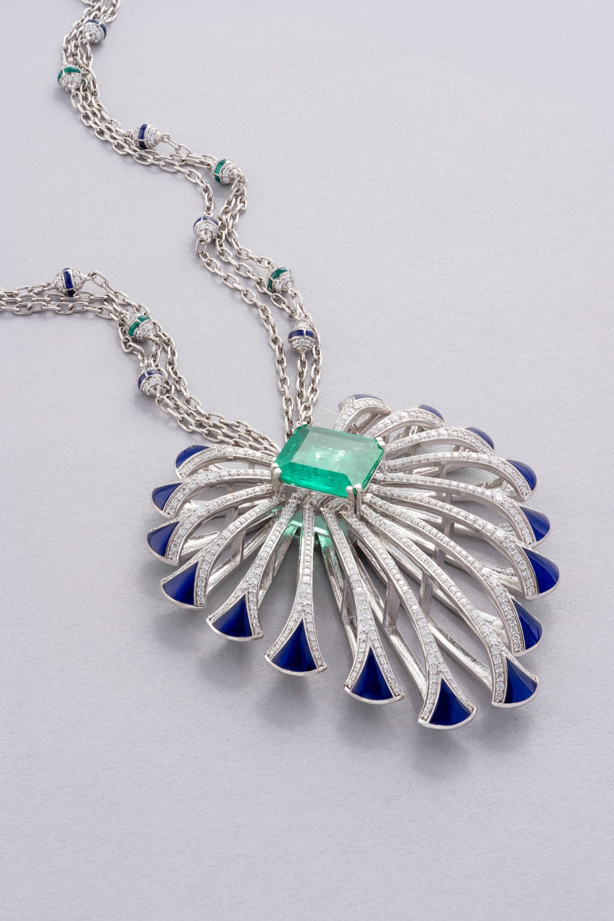 PLUME Feather Necklace, White Gold, Brilliant-cut Diamonds and Emeralds