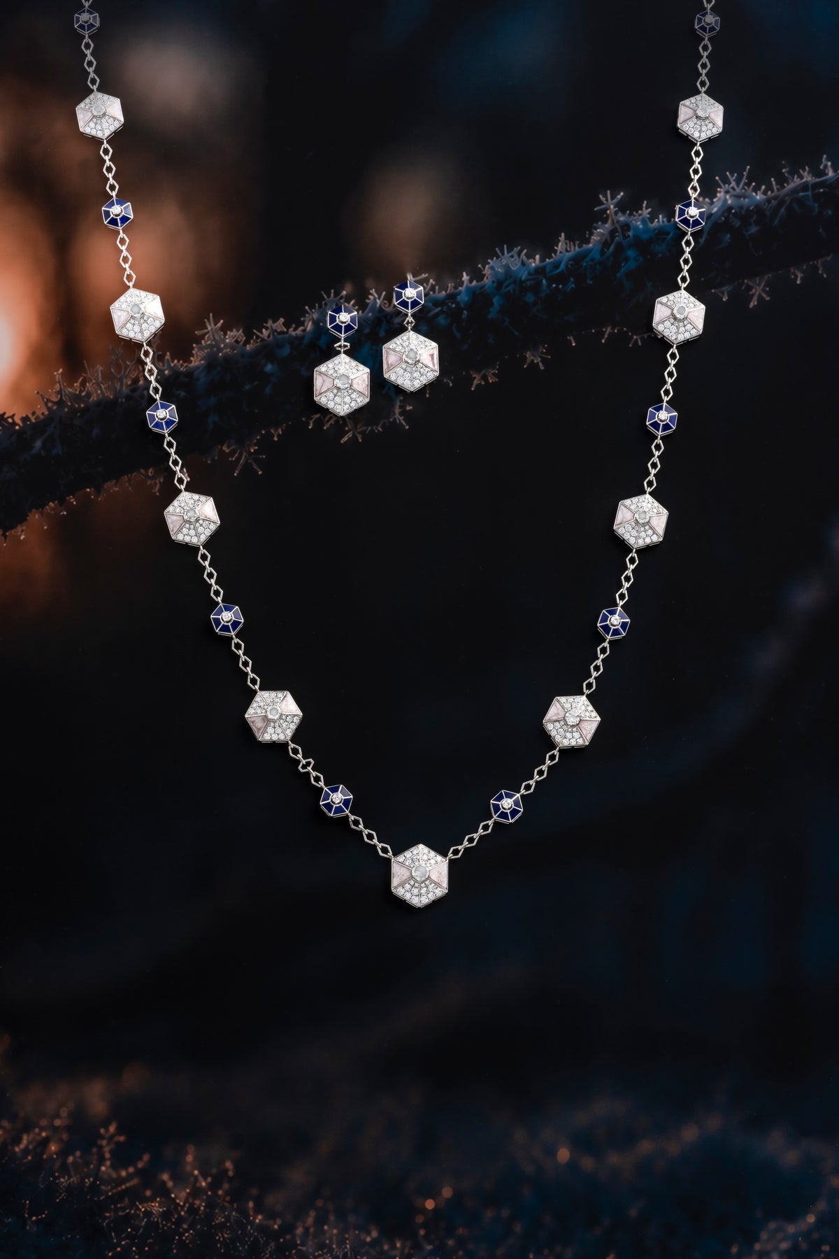 HEXA Honeycomb Bloom Necklace, White Gold, Rose-cut Diamonds and Ceramic Enamel