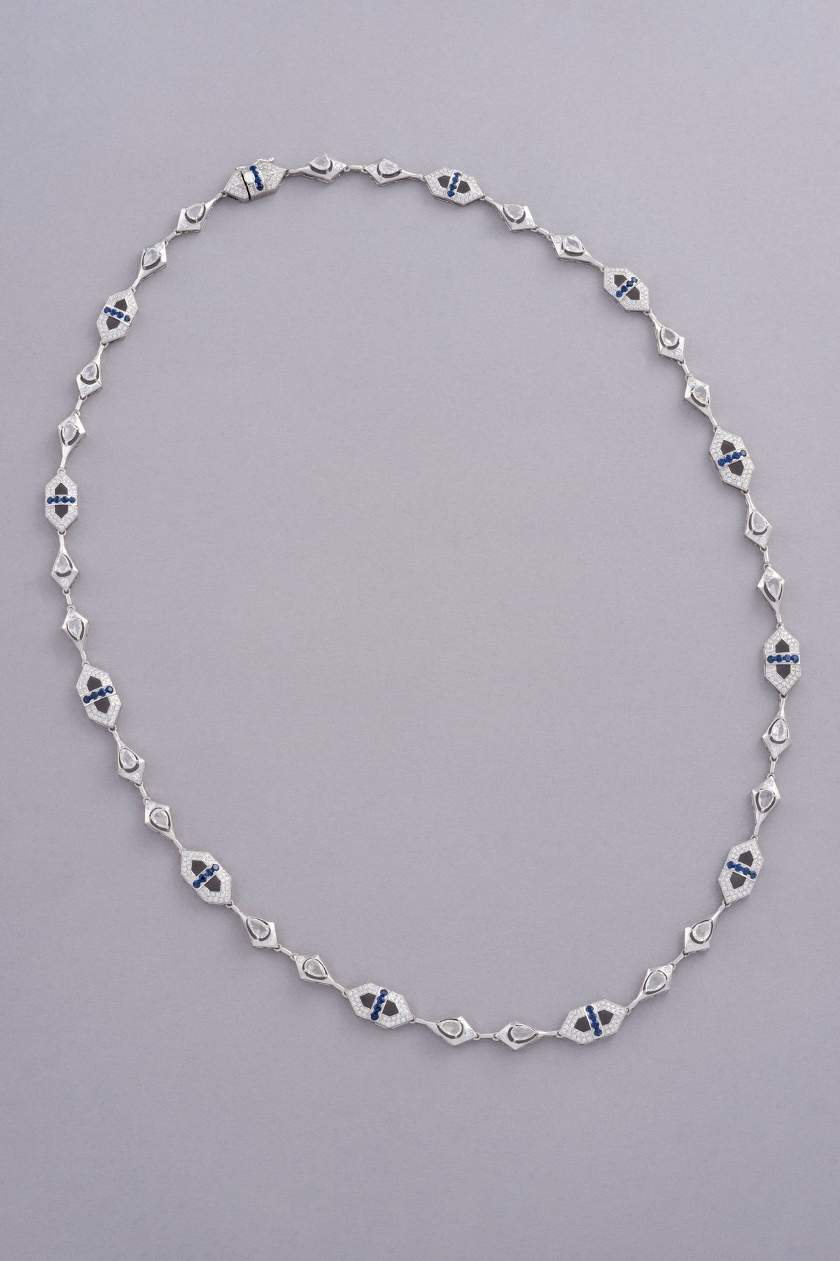LINK Drop Necklace, White Gold, Rose-cut Diamonds and Blue Sapphires