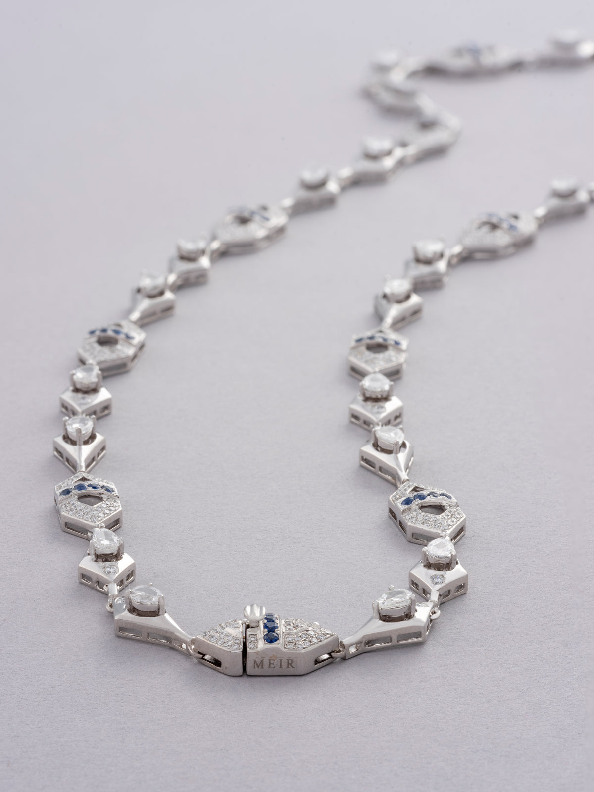 LINK Drop Necklace, White Gold, Rose-cut Diamonds and Blue Sapphires