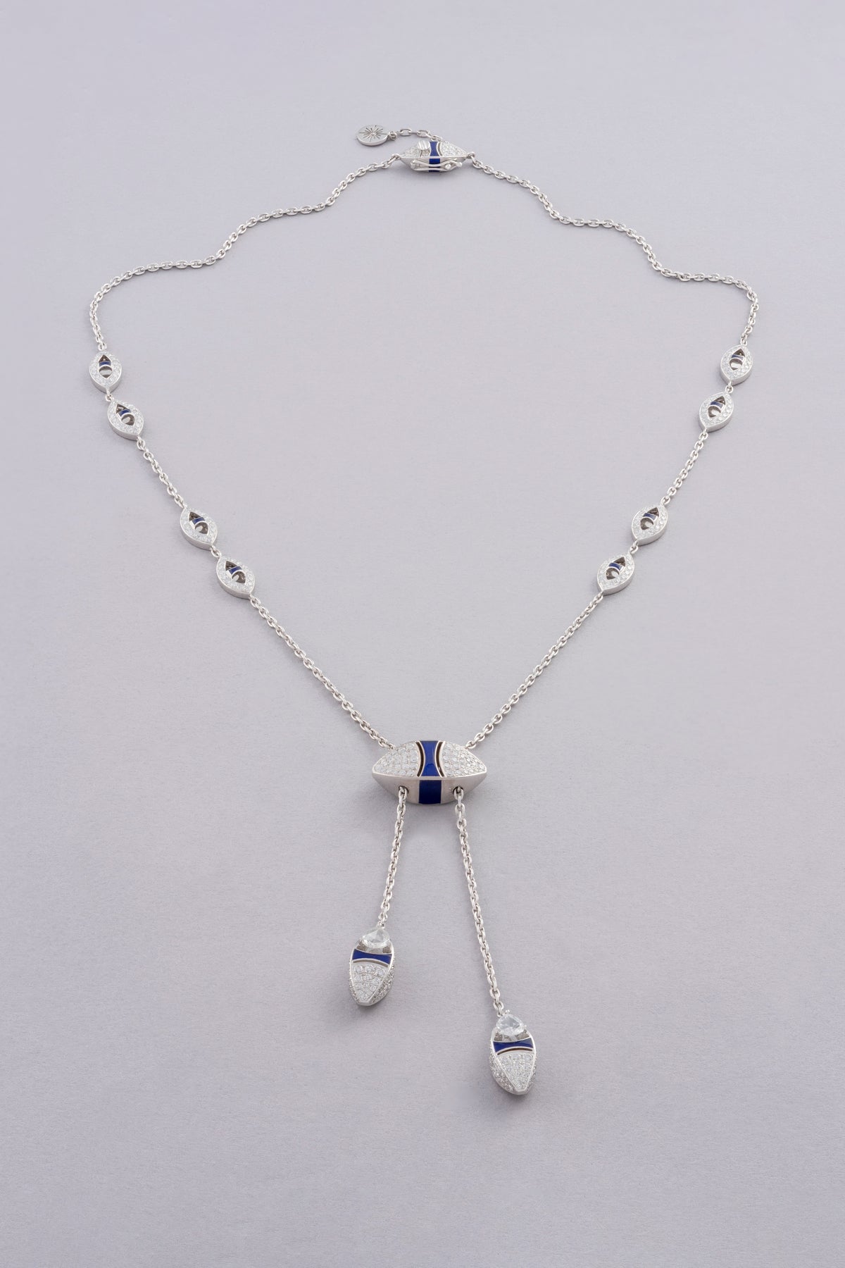 DEW Lariat Necklace, White Gold, Rose-cut Diamonds and Ceramic Enamel