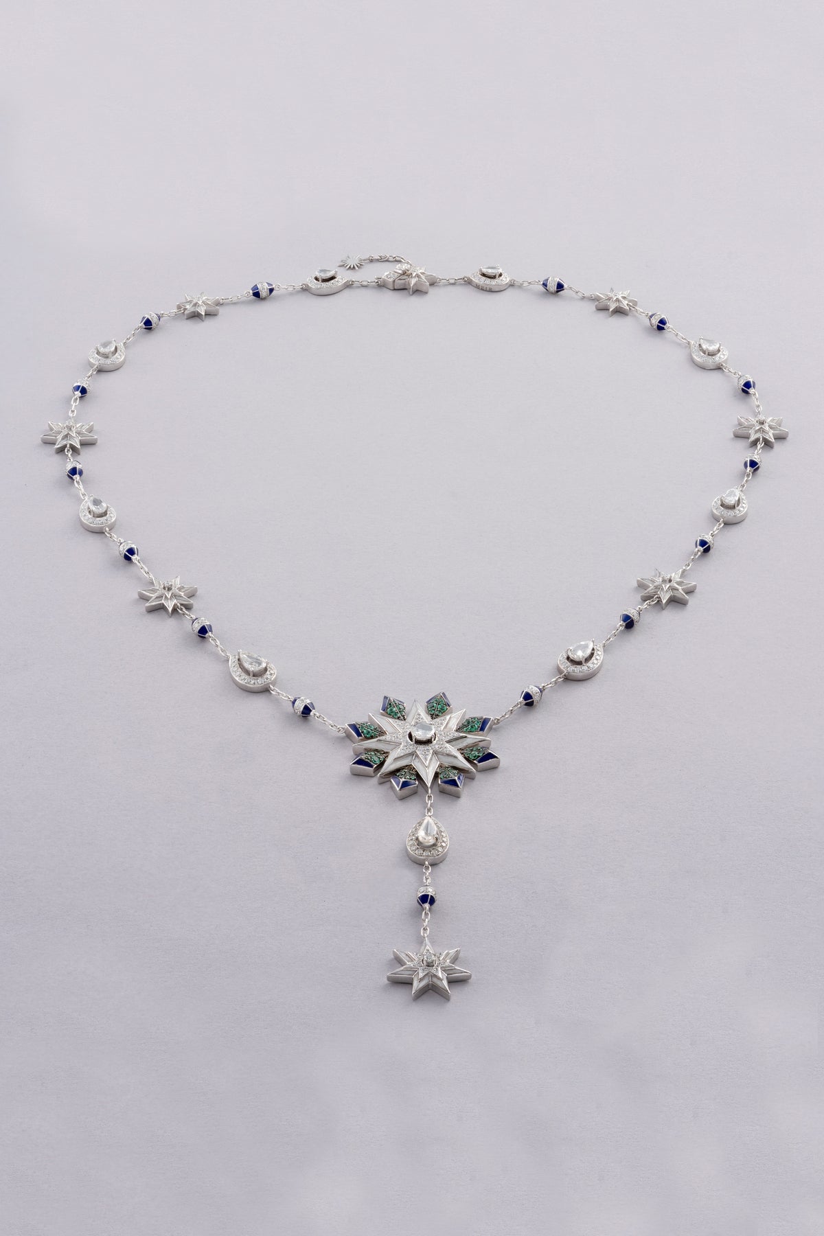 NOVA Starburst Necklace, White Gold, Rose-cut Diamonds and Emeralds