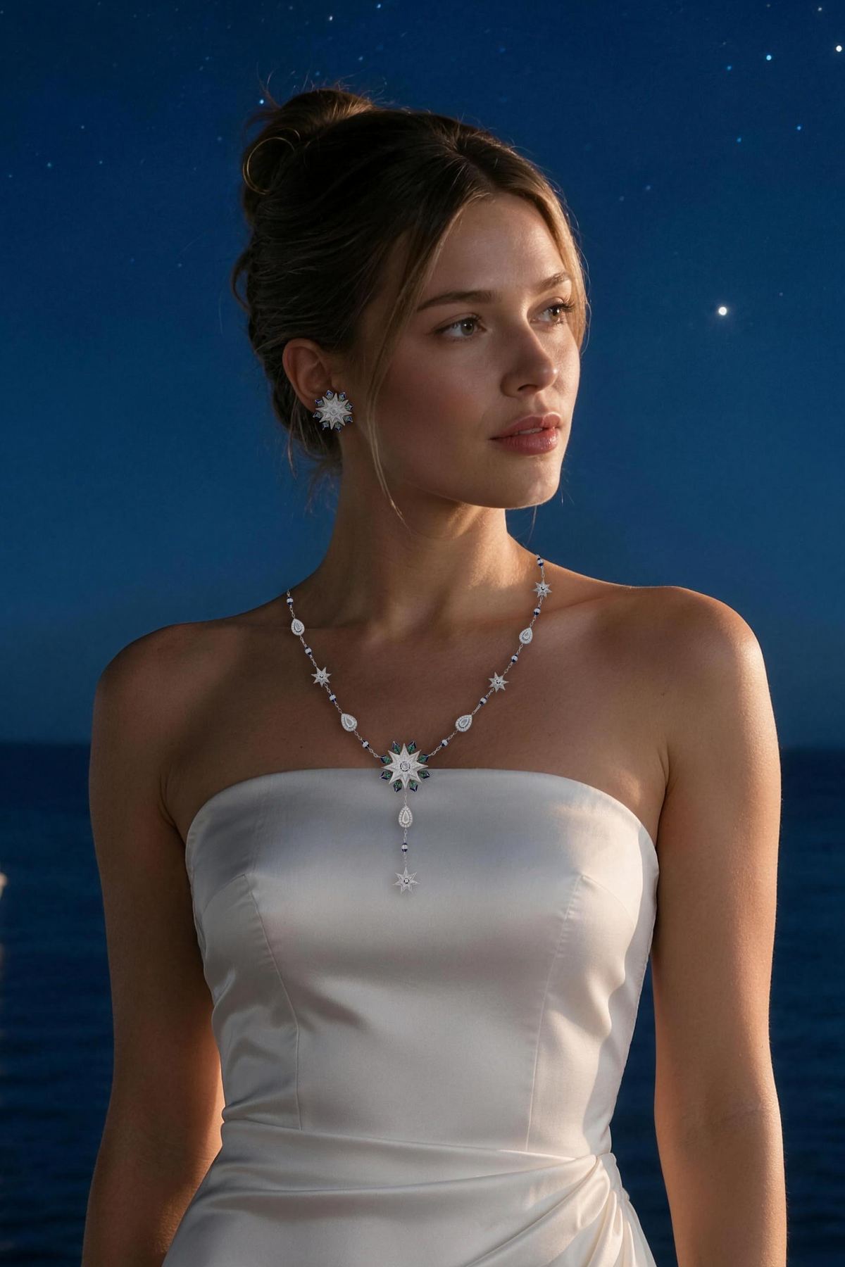 NOVA Starburst Necklace, White Gold, Rose-cut Diamonds and Emeralds