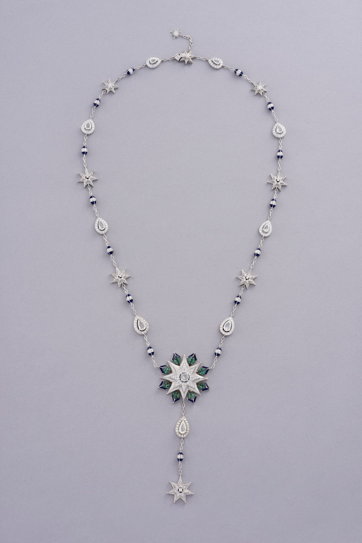 NOVA Starburst Necklace, White Gold, Rose-cut Diamonds and Emeralds
