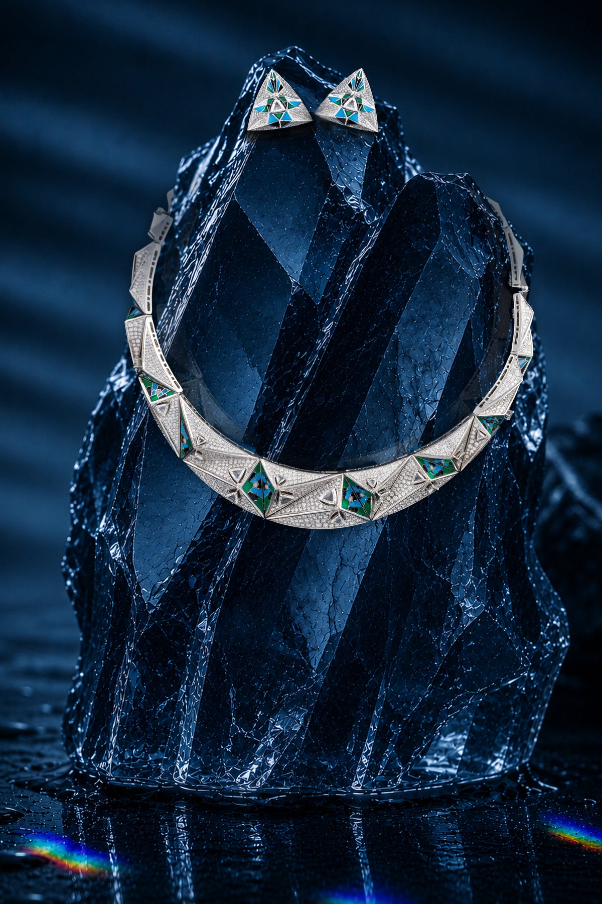 PRISM Mosaic Necklace, White Gold, Rose-cut Diamonds and Ceramic Enamel